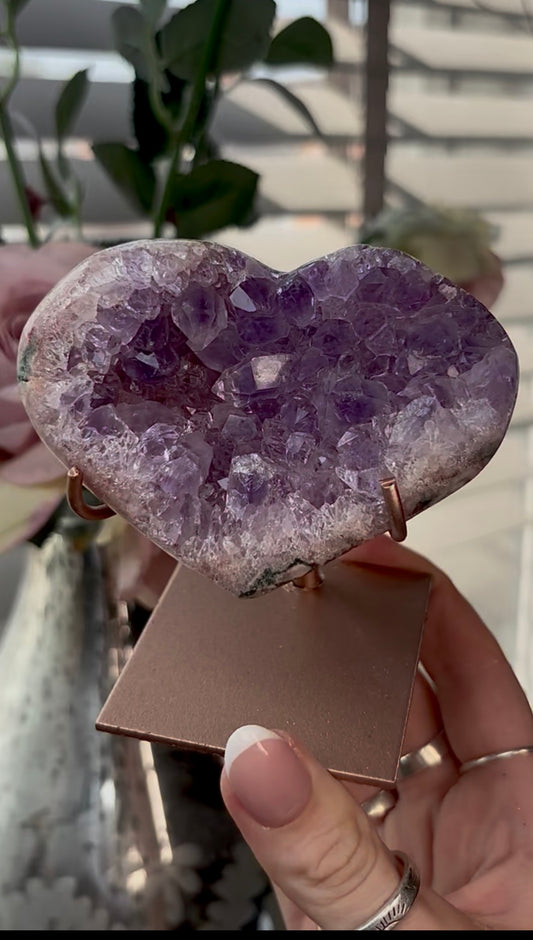 Gorgeous, high quality, pink amethyst heart with purple quartz - comes with stand
