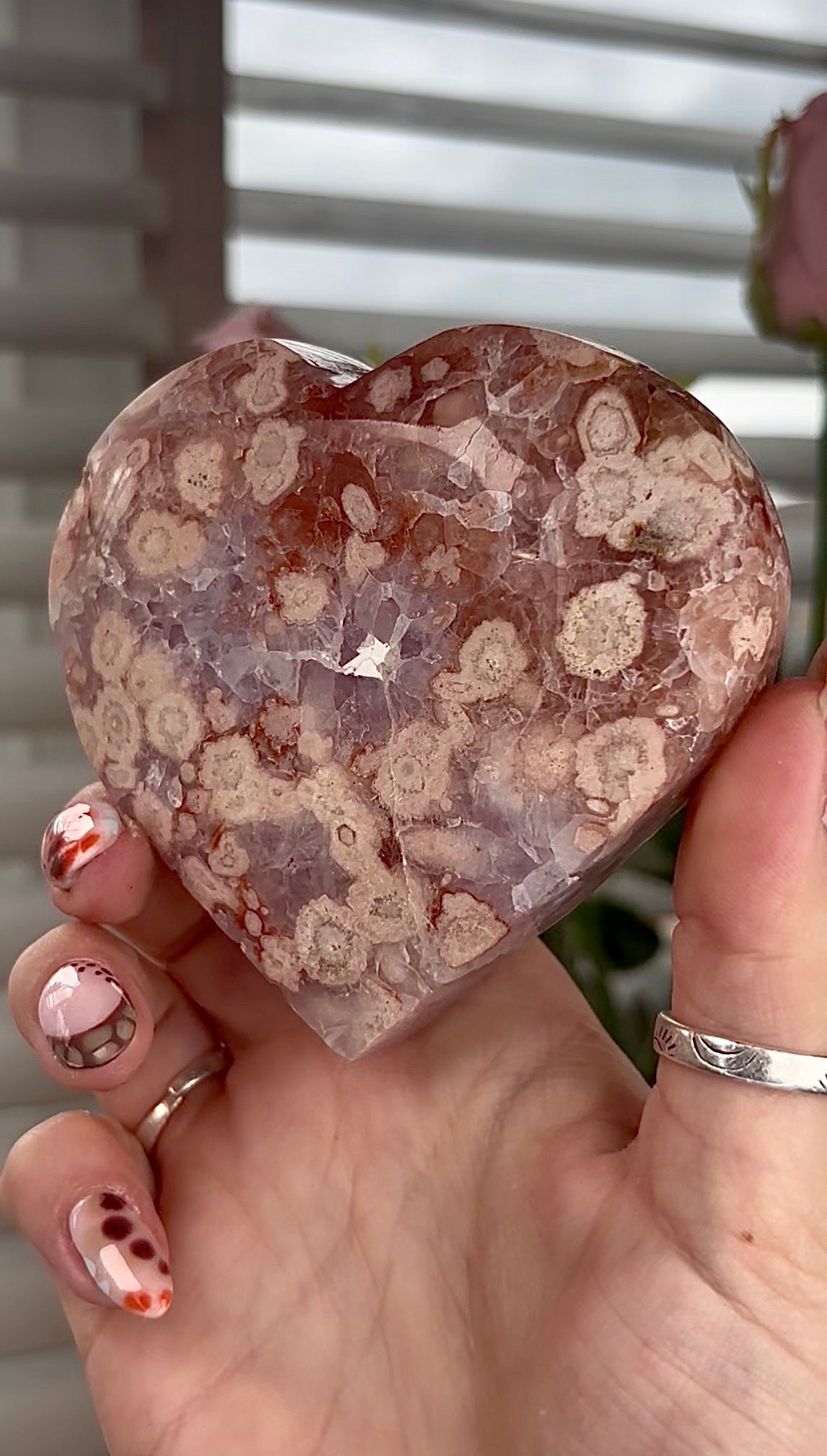High grade, amethyst Flower agate heart with high clarity quartz