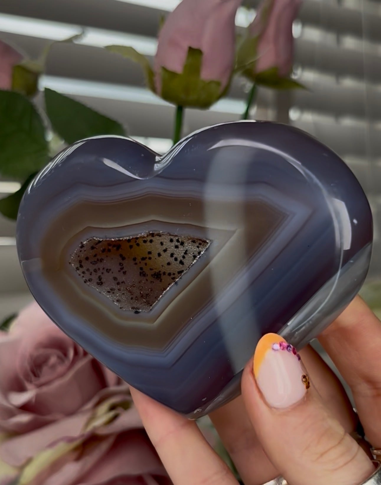 Beautiful, high grade, blue agate heart with druzy - comes with stand