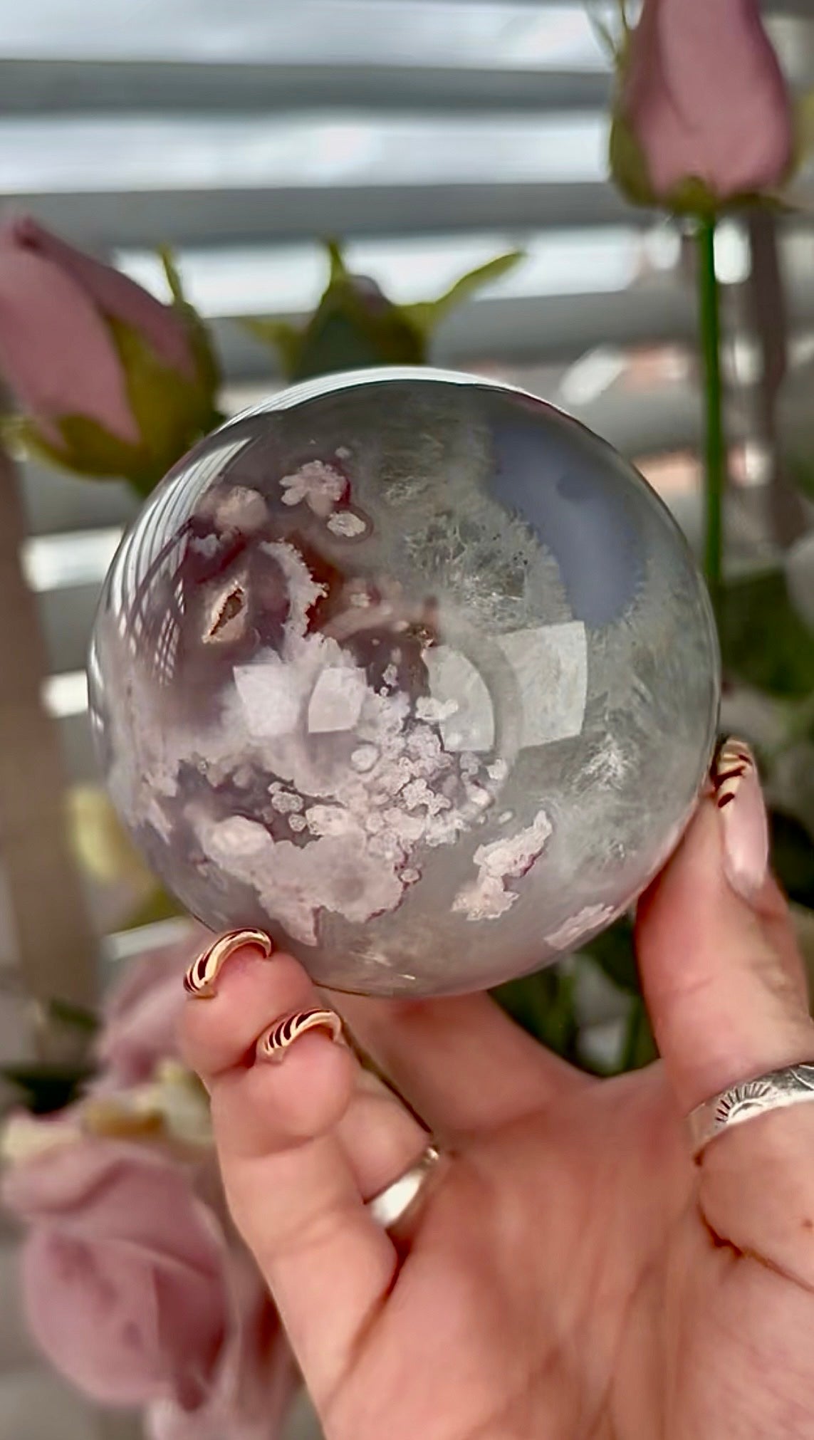 Stunning!! Super high quality, Druzy, green chlorite x blue flower agate sphere