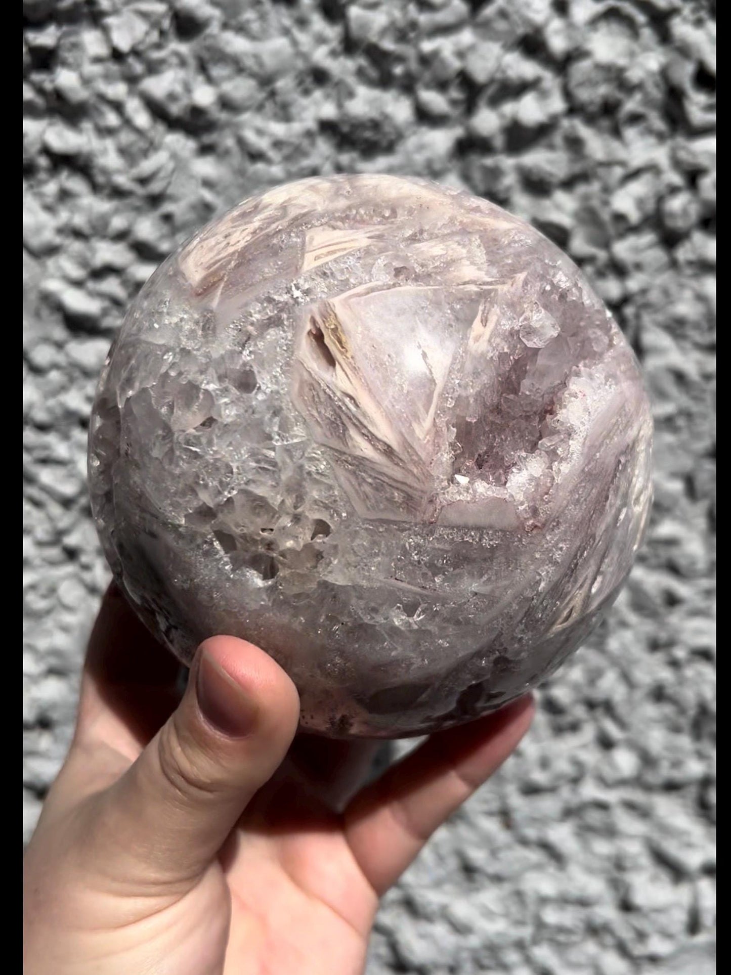 large, statement pink amethyst sphere with rutile formations in lilac tones over 1kg