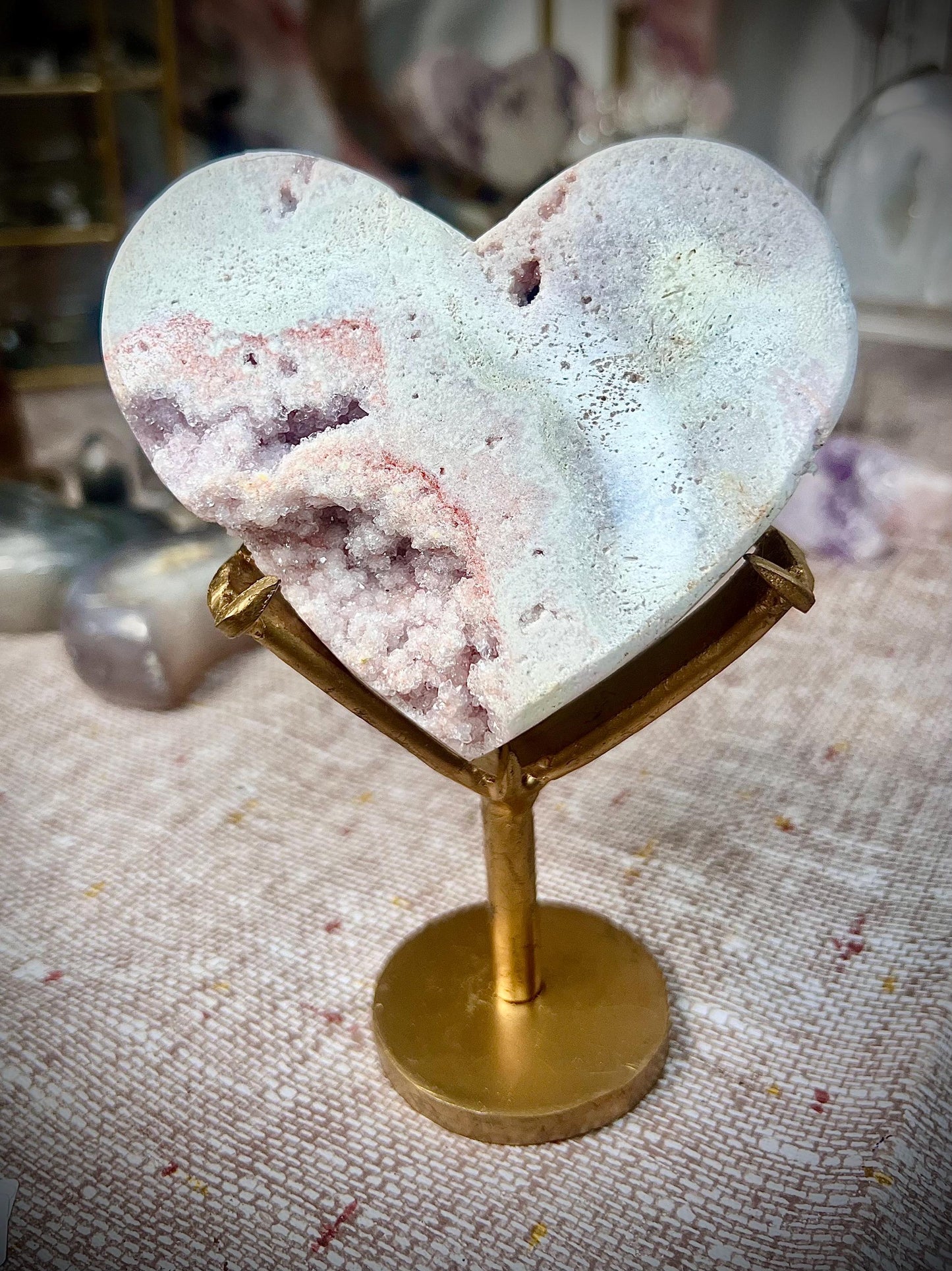 Cute, baby pink amethyst heart on stand with super sugary druze