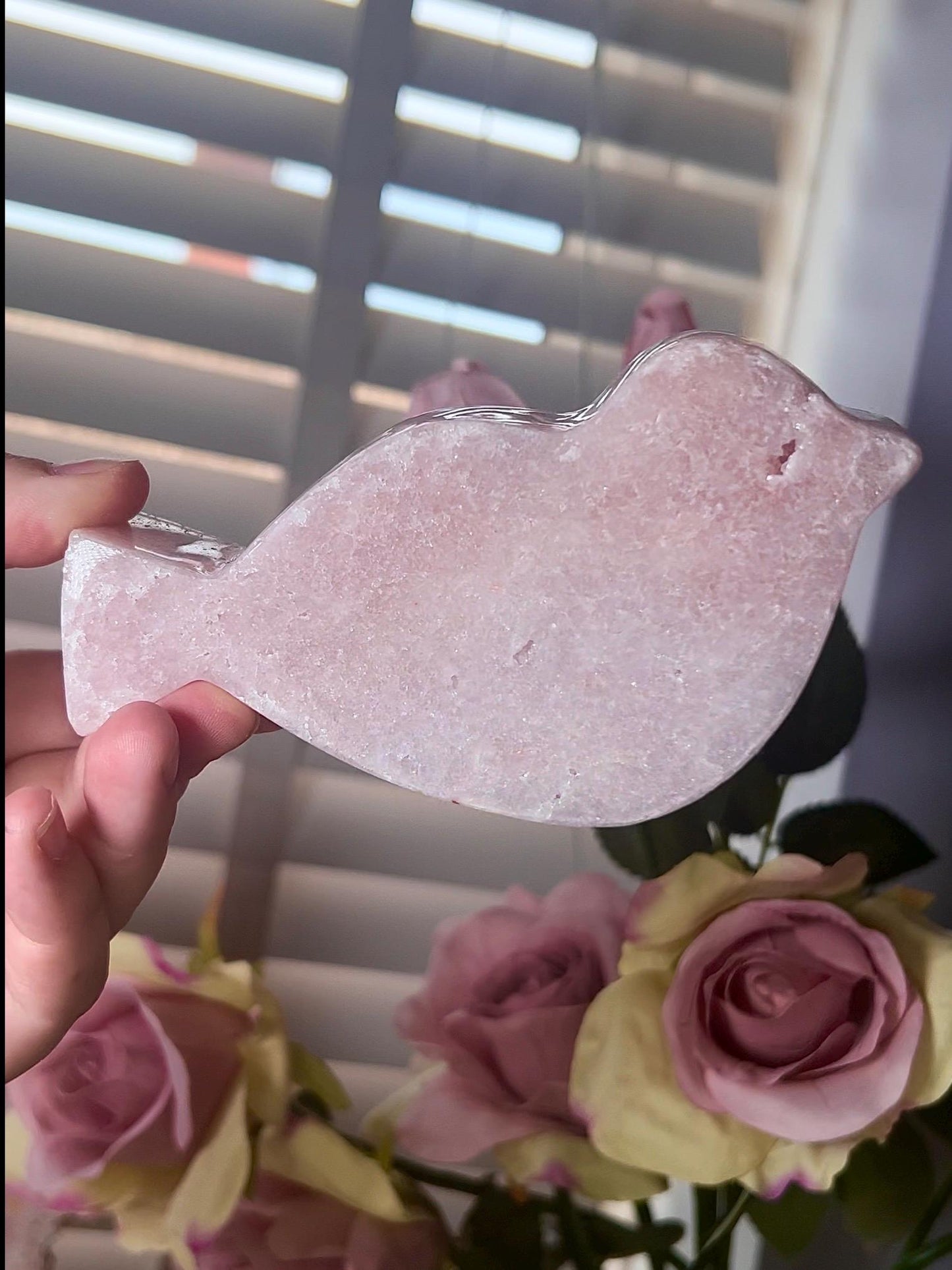 High grade, baby pink amethyst bird carving