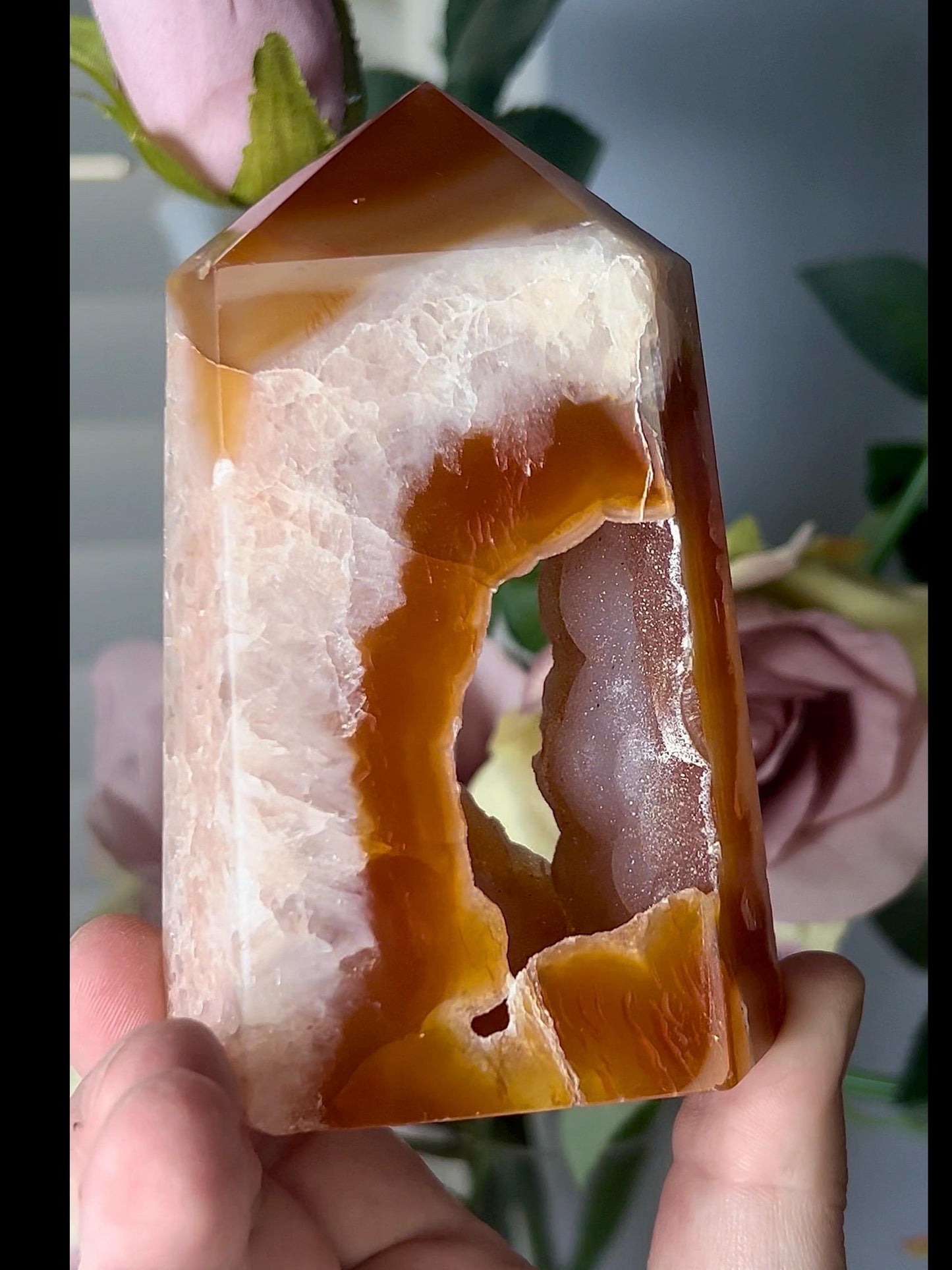 Extra quality, chinky red agate, carnelian tower with quartz & sugar druzy portal, cave