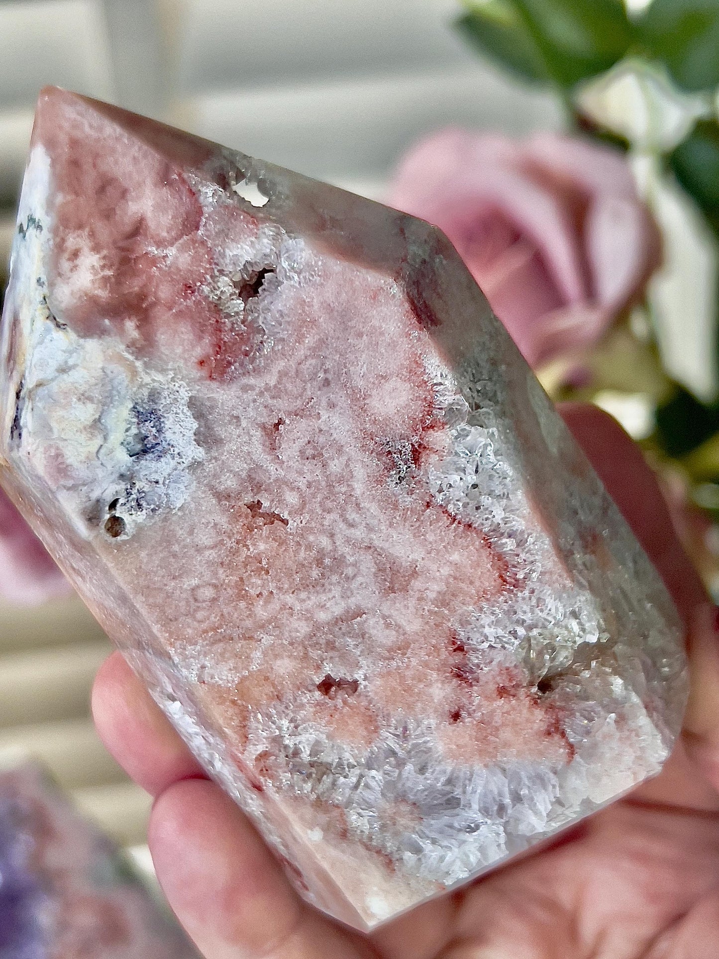 High quality, druzy, peach toned, pink amethyst tower with quartz 360g 10cm(h) 5.5cm(w)