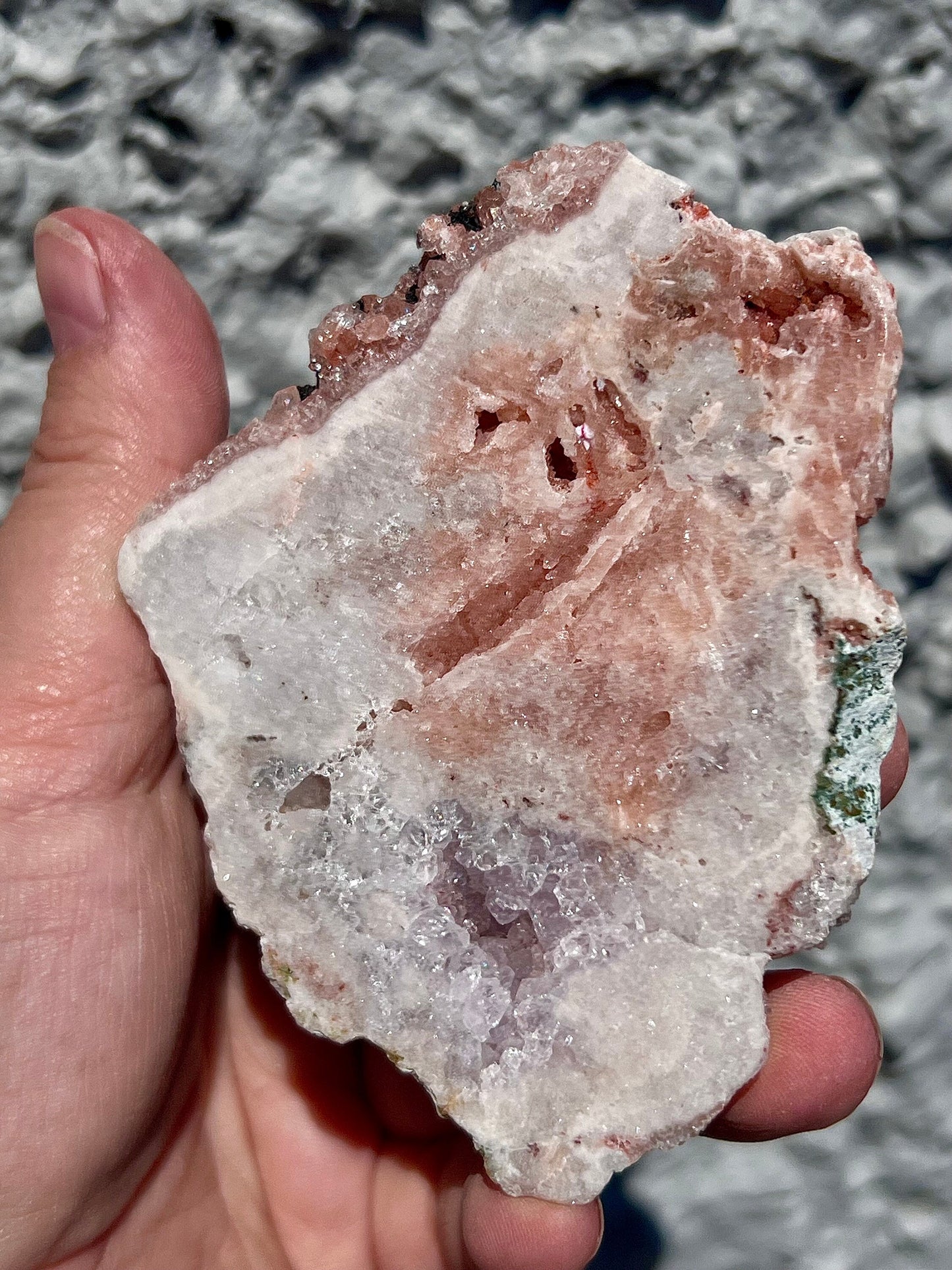 high quality pink amethyst slab with peach and purple tones and rutile formations