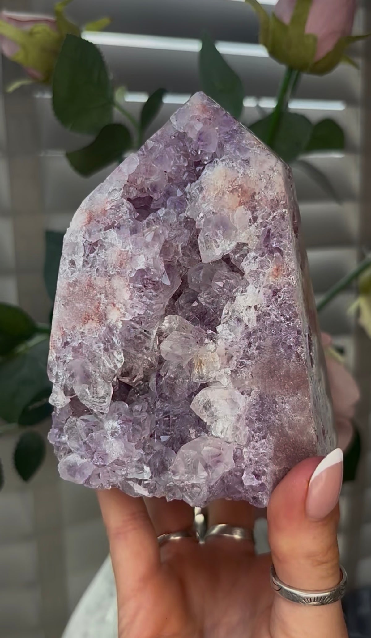 Beautiful, hq, druzy, chunky Pink amethyst tower 12cm(h) by 8.5cm(w)
