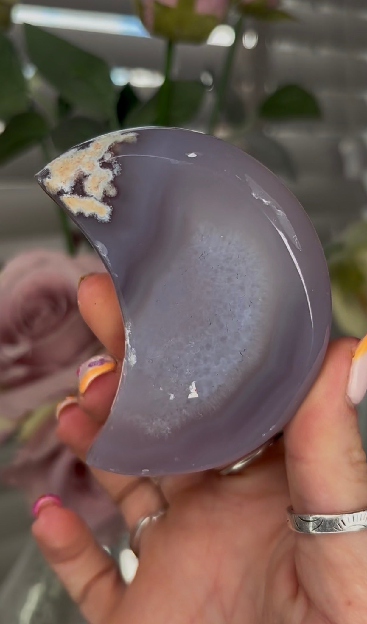 Beautiful, agate moon with druzy - stand included