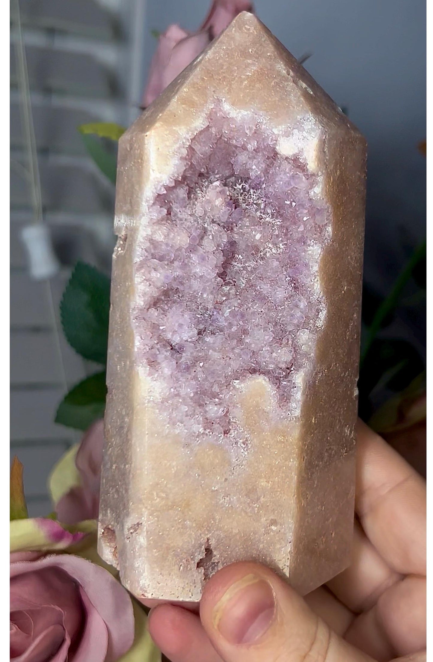 Incredible, High grade, super sparkly, druzy, pink amethyst tower in lemon & lilac tones 554g