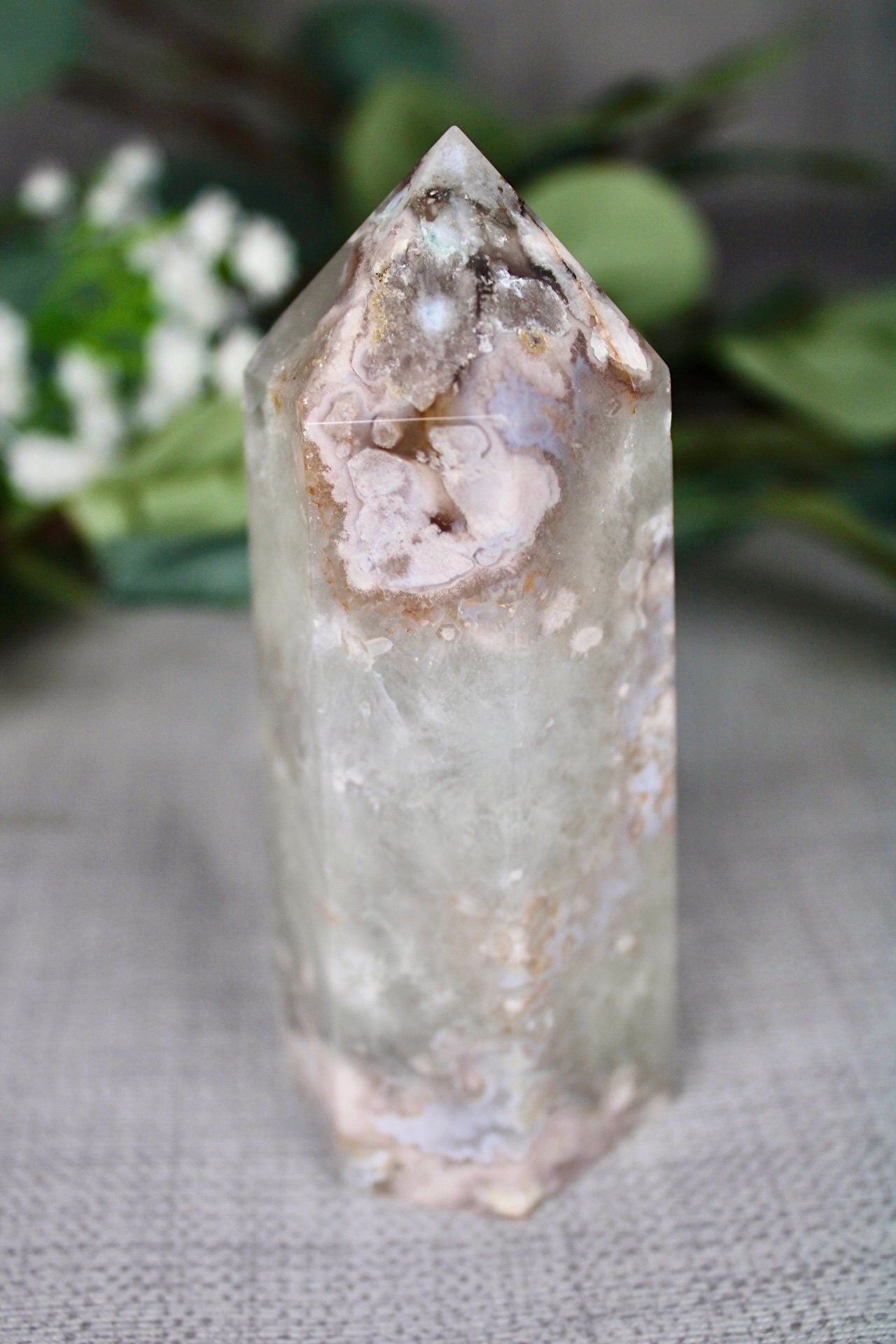 Green chlorite, flower agate, 6 side, polished tower 295g 11cm (H) 4.5cm (W)