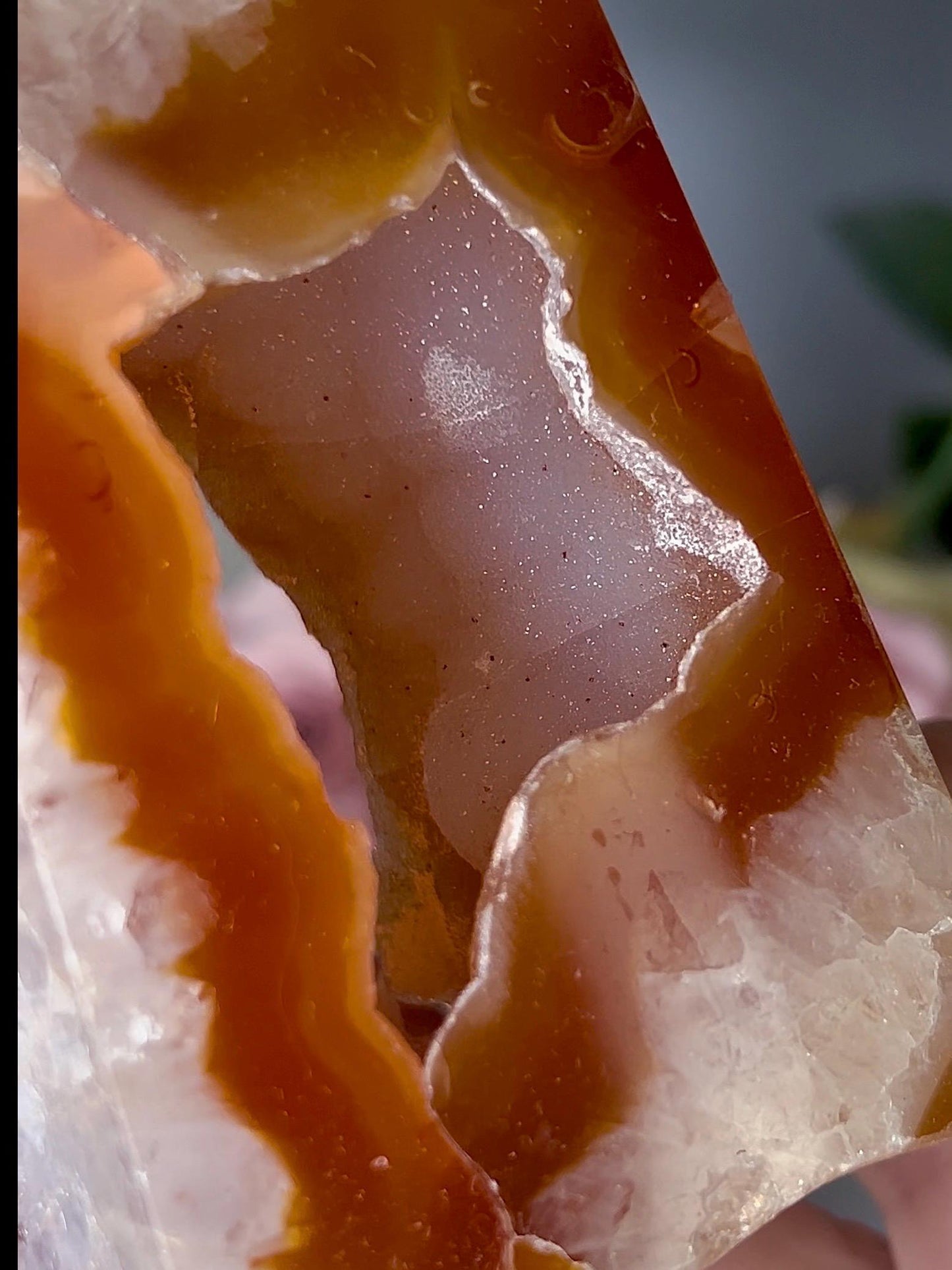 Extra quality, chinky red agate, carnelian tower with quartz & sugar druzy portal, cave