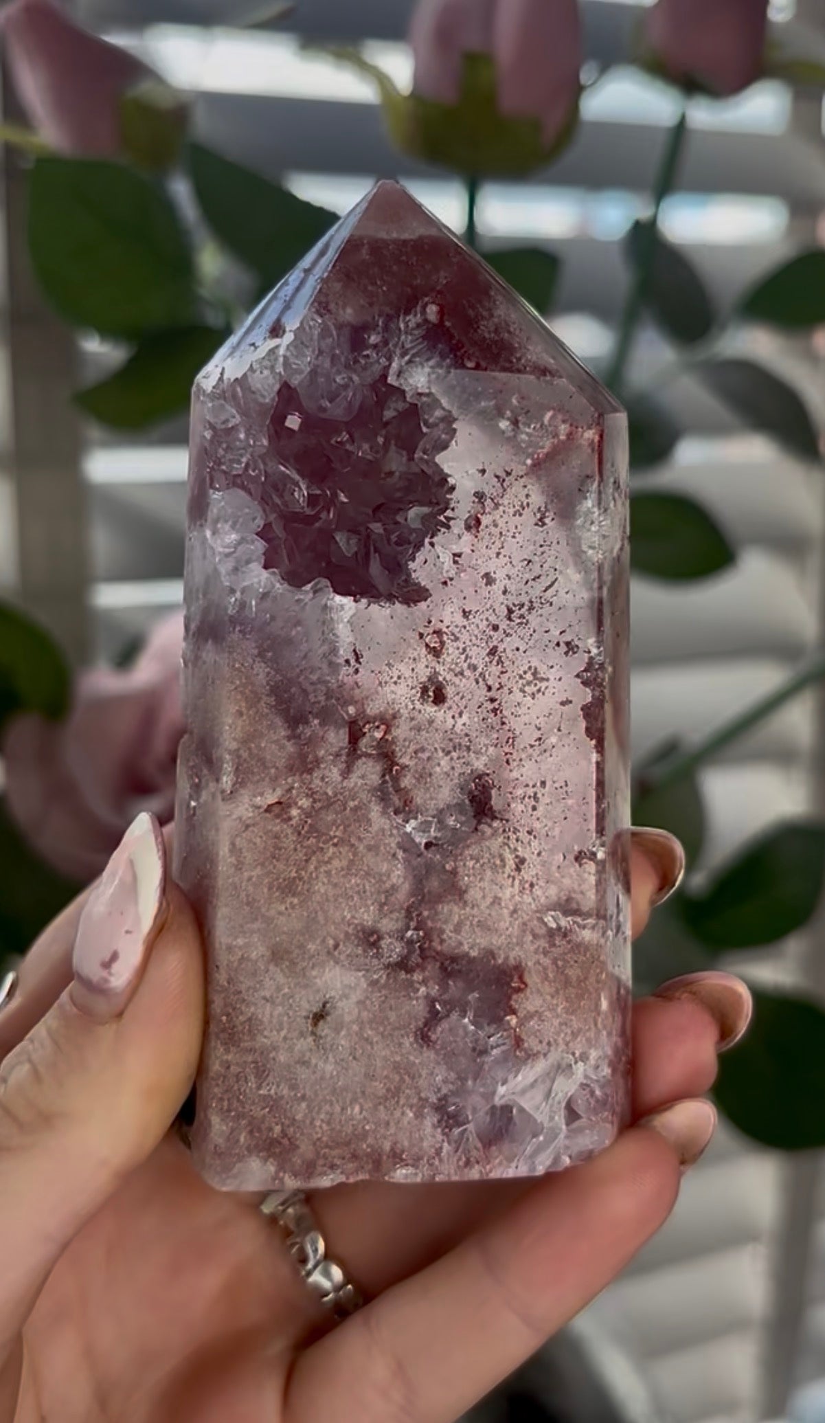Beautiful, high quality, Pink amethyst tower with purple quartz