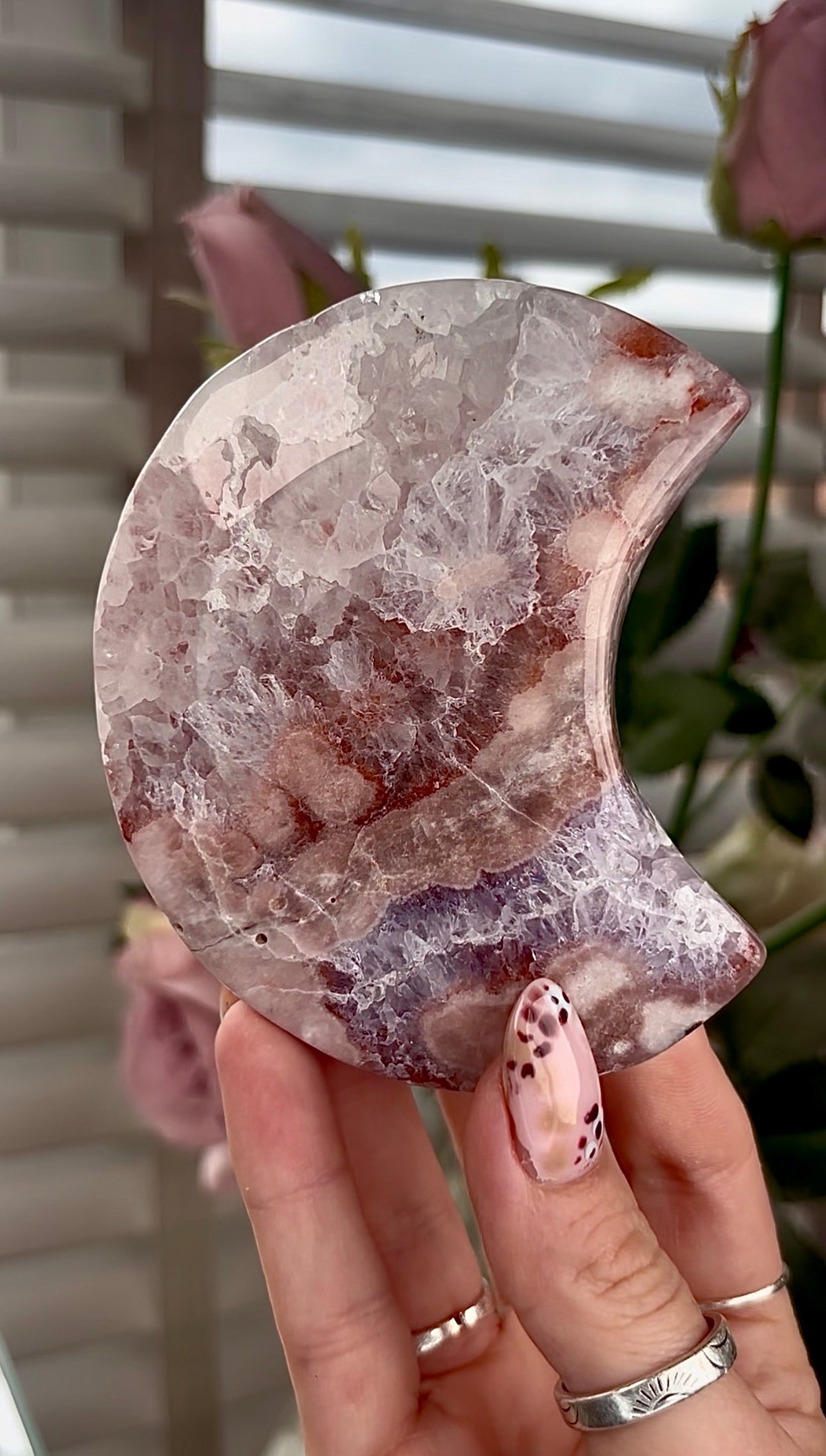 High grade, amethyst Flower agate moon with high clarity quartz