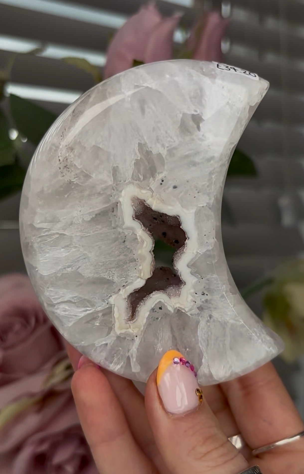 Beautiful, high grade, agate moon with druzy - comes with stand