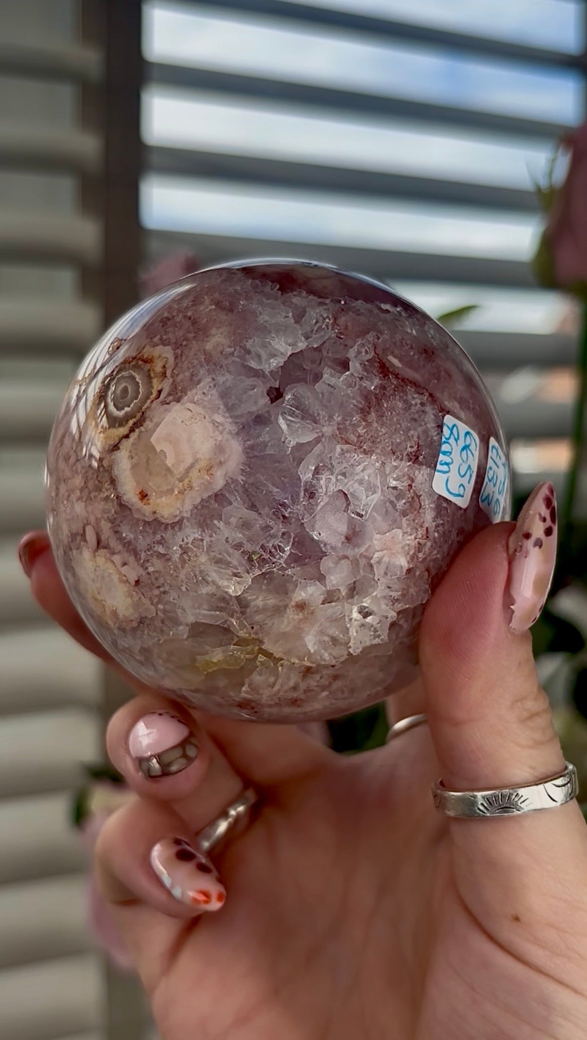 High grade, amethyst Flower agate sphere with high clarity quartz 8cm