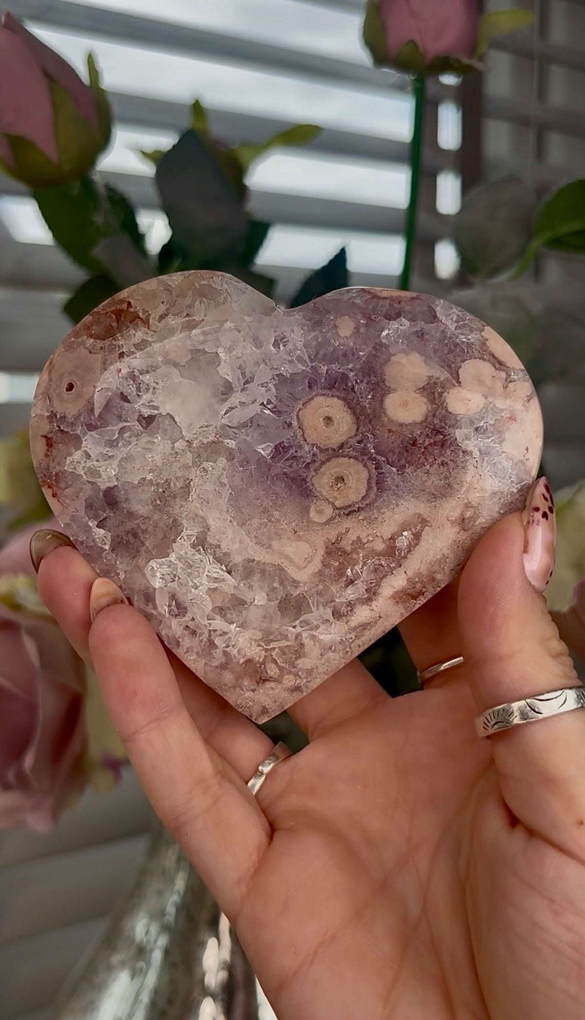 High grade, Amethyst Flower agate heart with stand