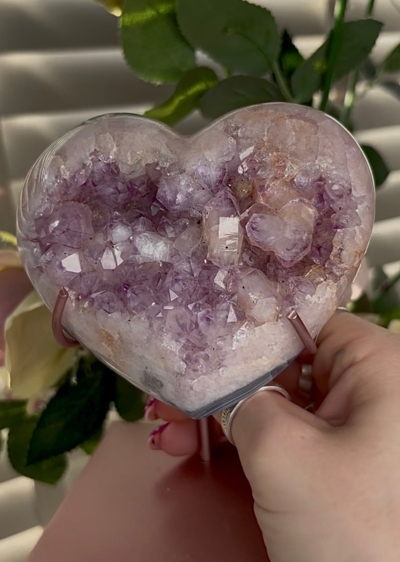Gorgeous pink amethyst heart with agate and chunky bubble gum Druze  - comes with stand