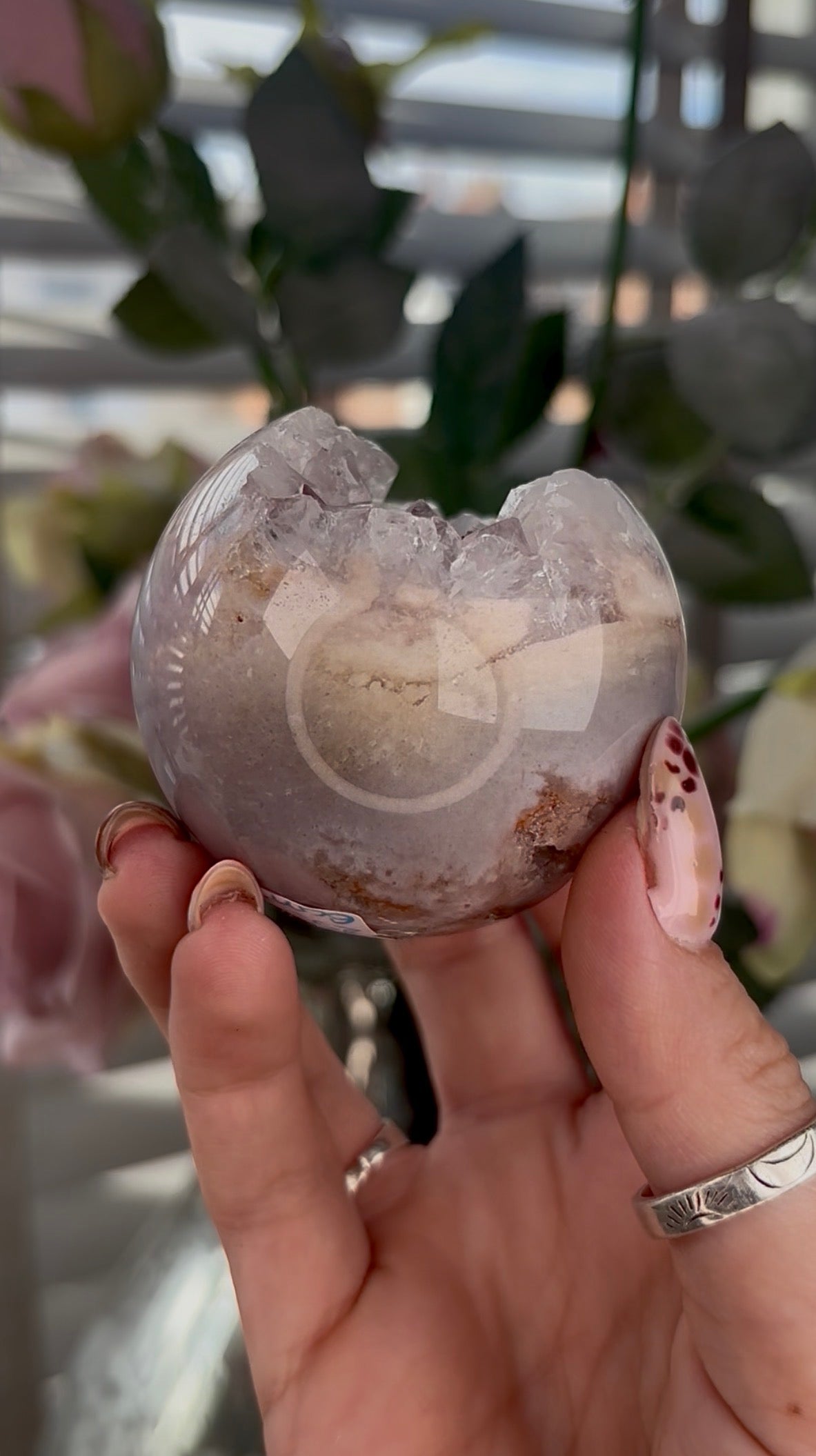 High grade, Pink amethyst Flower agate sphere with druzy quartz- 6cm