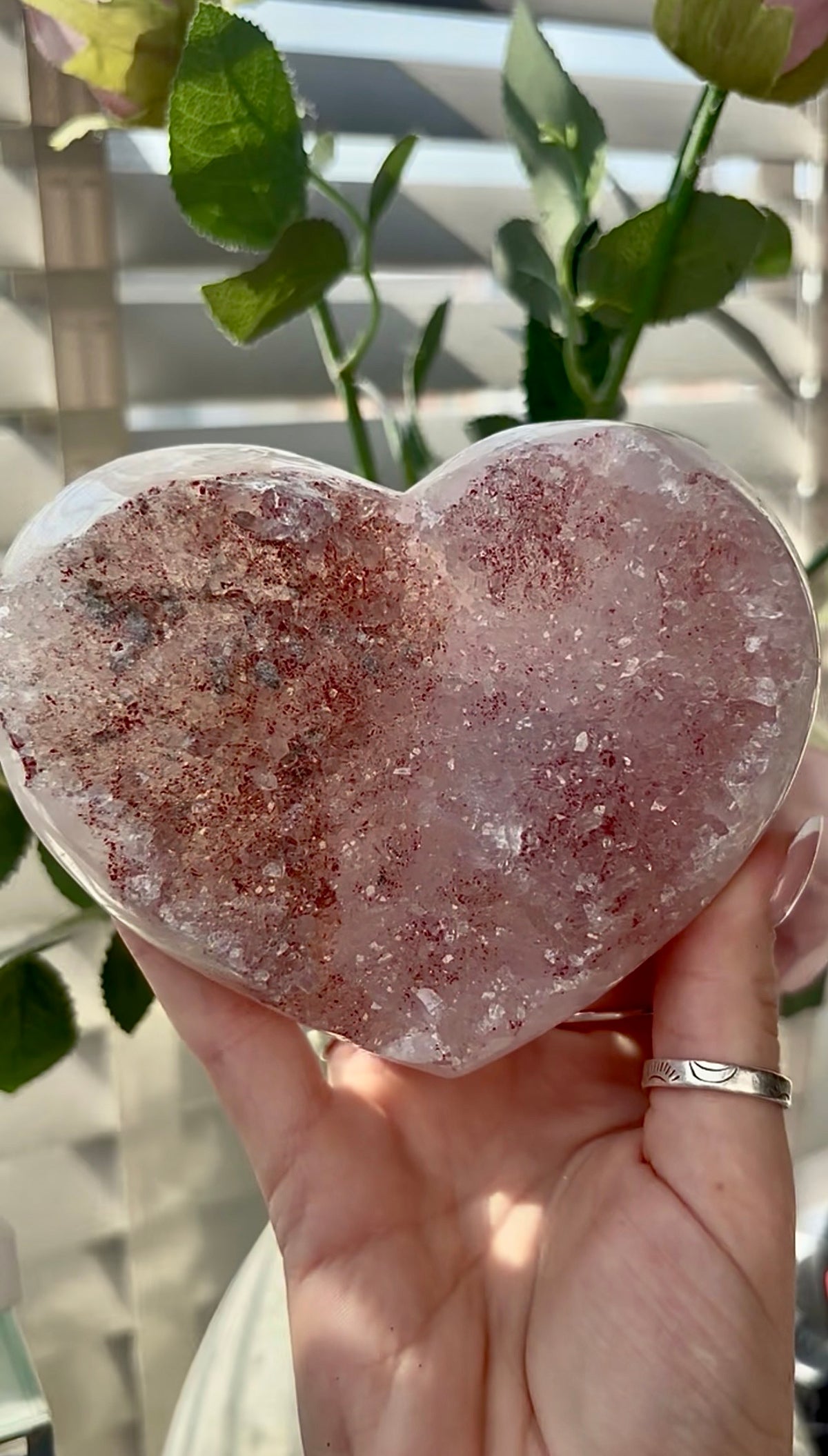 Gorgeous, pink amethyst heart- comes with stand