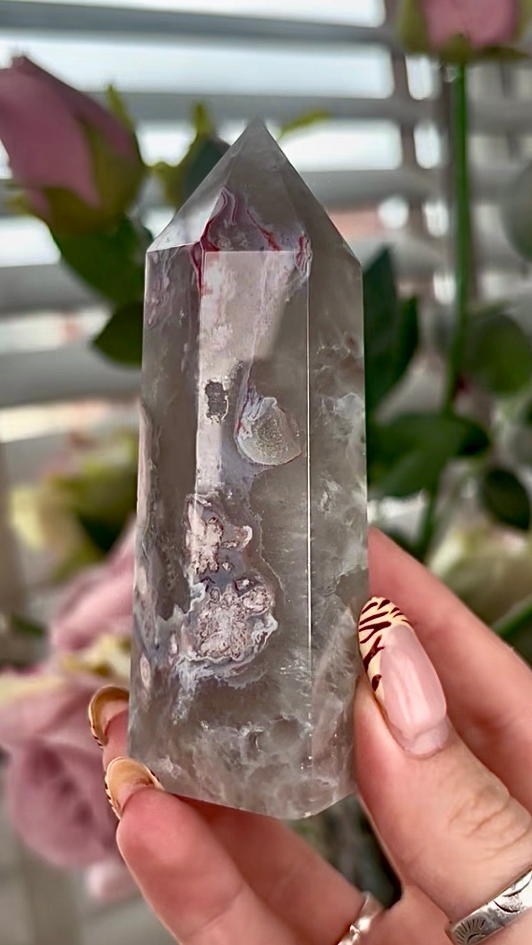 Stunning!! Super high quality, Druzy, green chlorite x blue flower agate tower