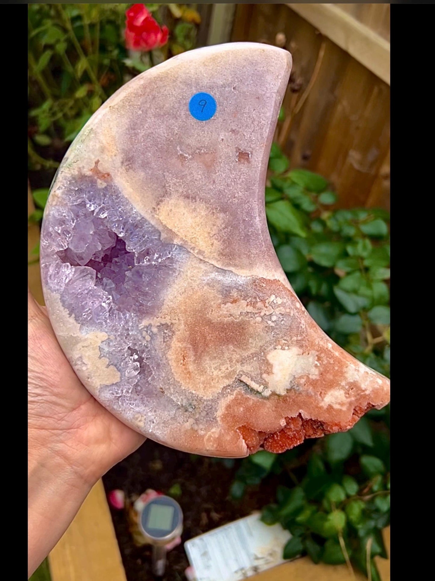 High grade, pink amethyst moon with purple quartz & red sugar druze comes with custom stand