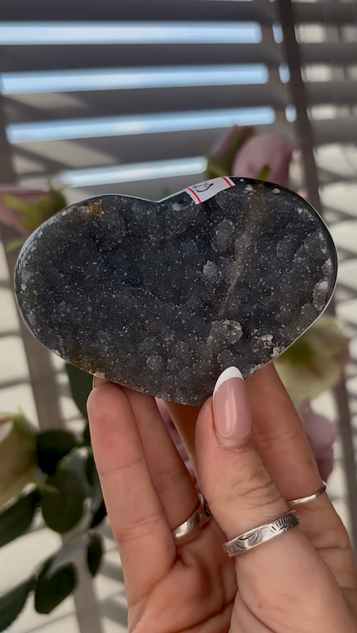 Uruguay, rainbow amethyst heart in dark grey tones - comes with stand