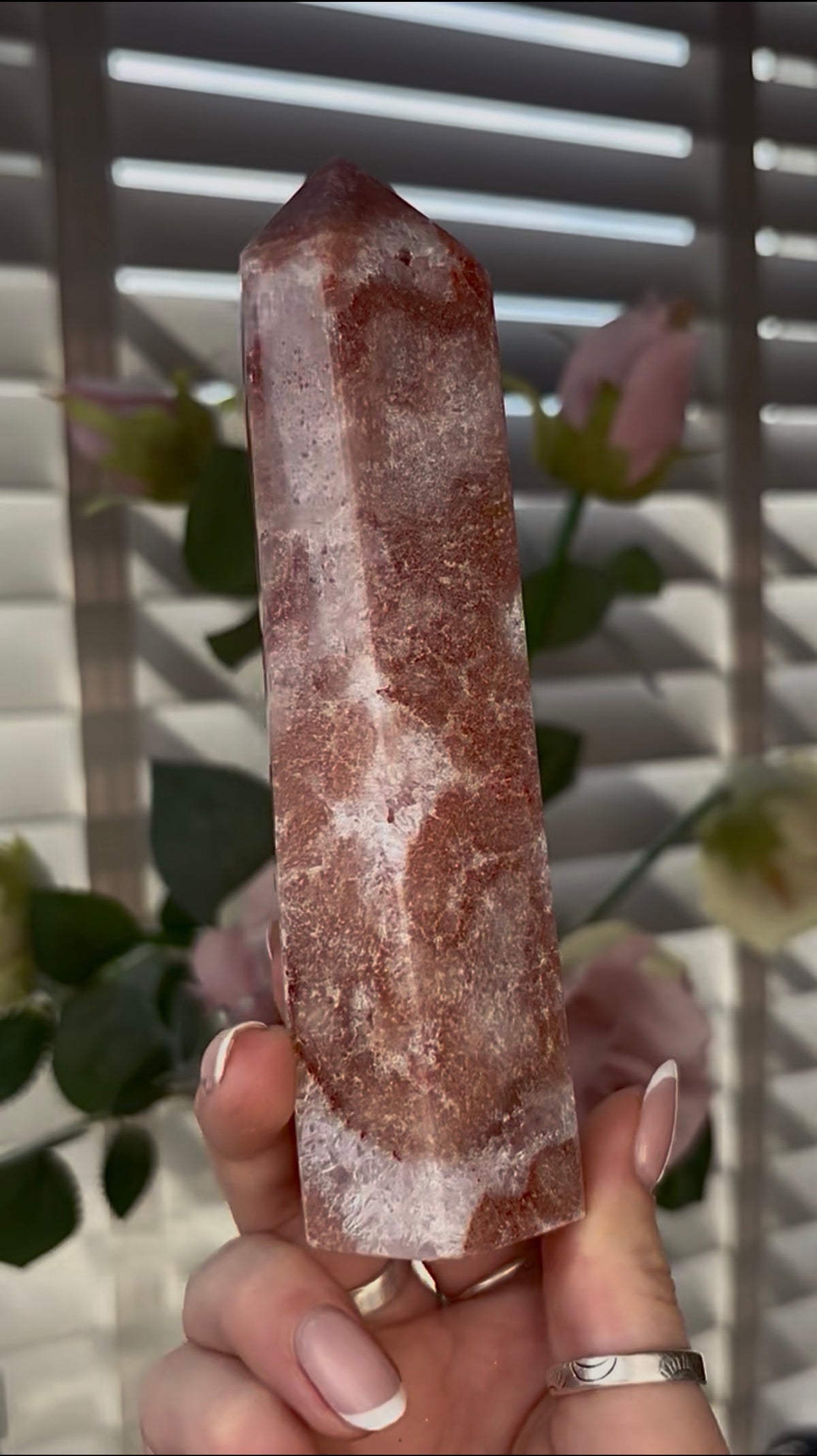 Beautiful, high quality, Pink amethyst tower 15.2cm(h) by 4cm(w)