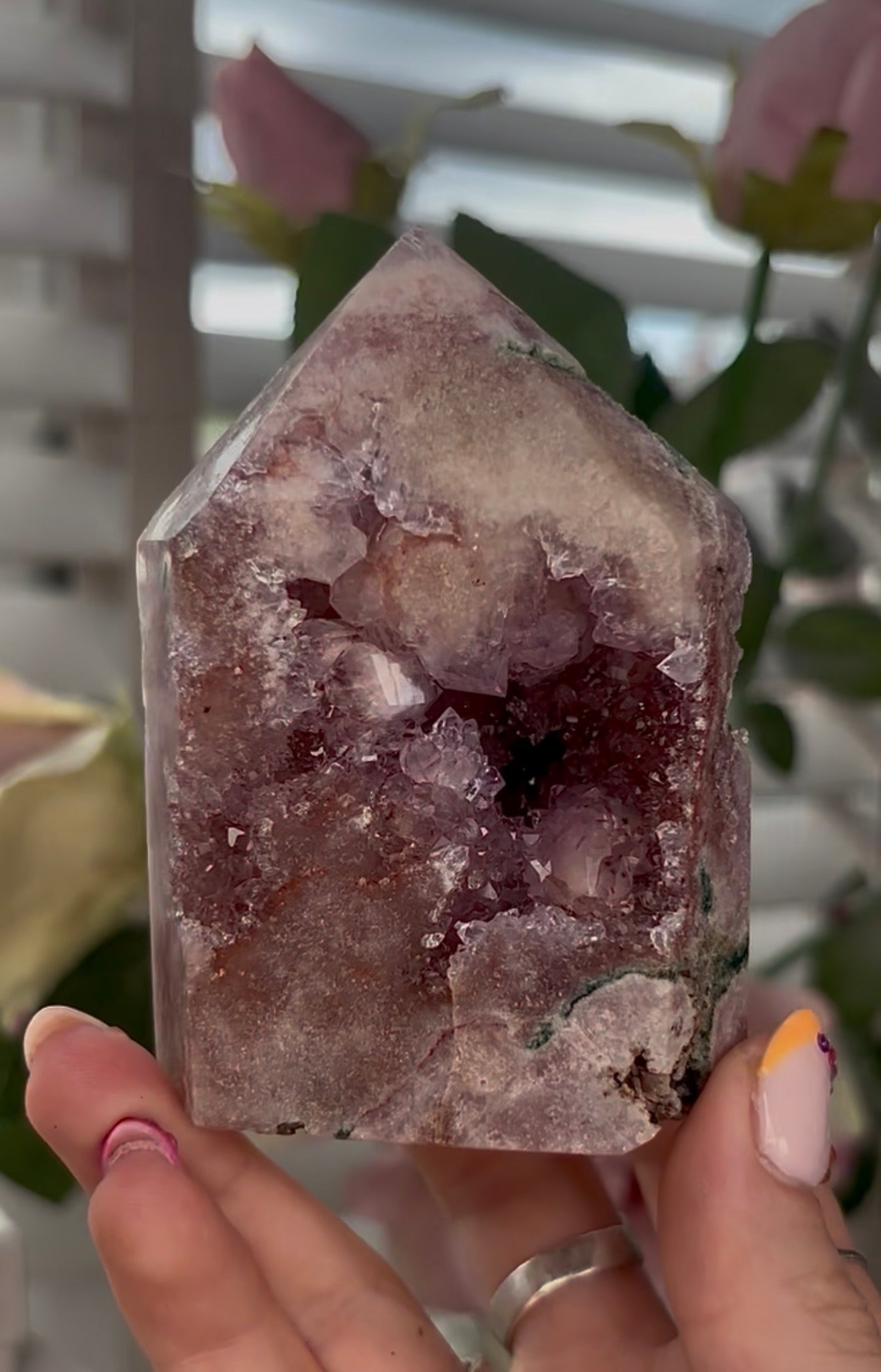 Pretty, high quality, Pink amethyst tower, with lilac quartz druzy