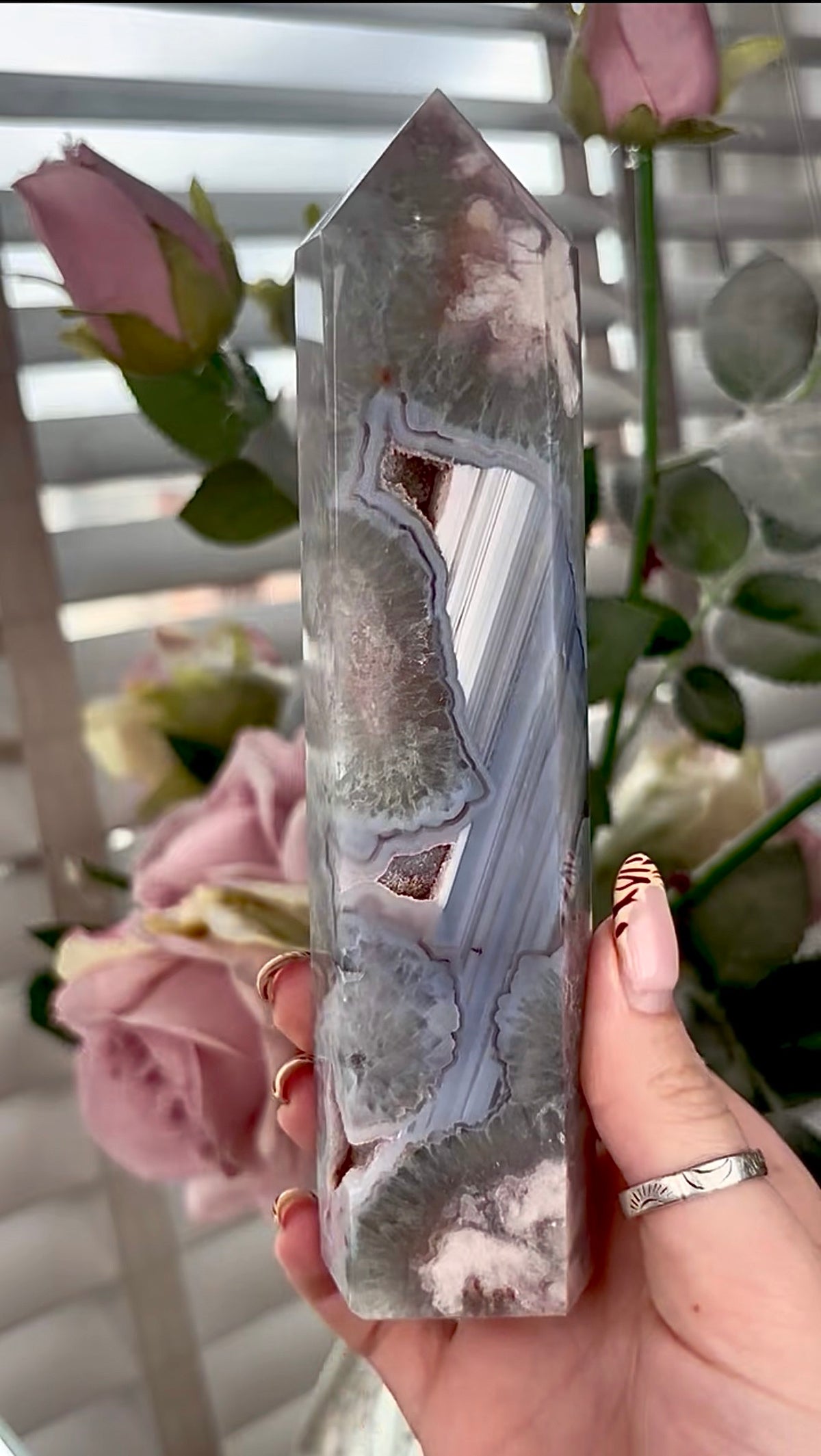 Stunning!! Super high quality, Druzy, green chlorite x blue flower agate tower