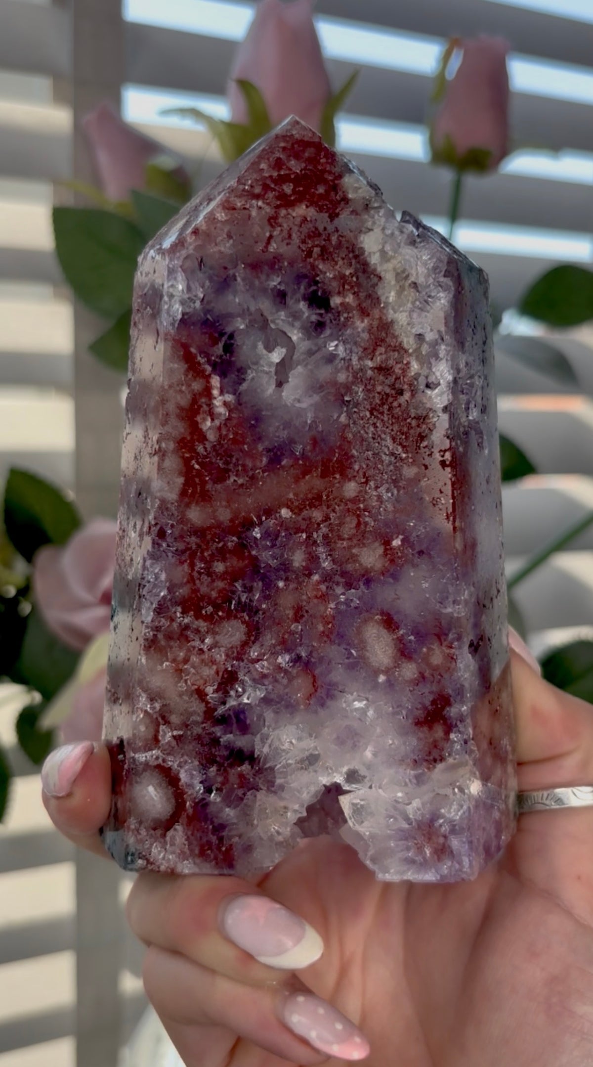 Beautiful, high quality, Pink amethyst tower with quartz in purple& red tones with Green jasper - 13.5cm by 8cm