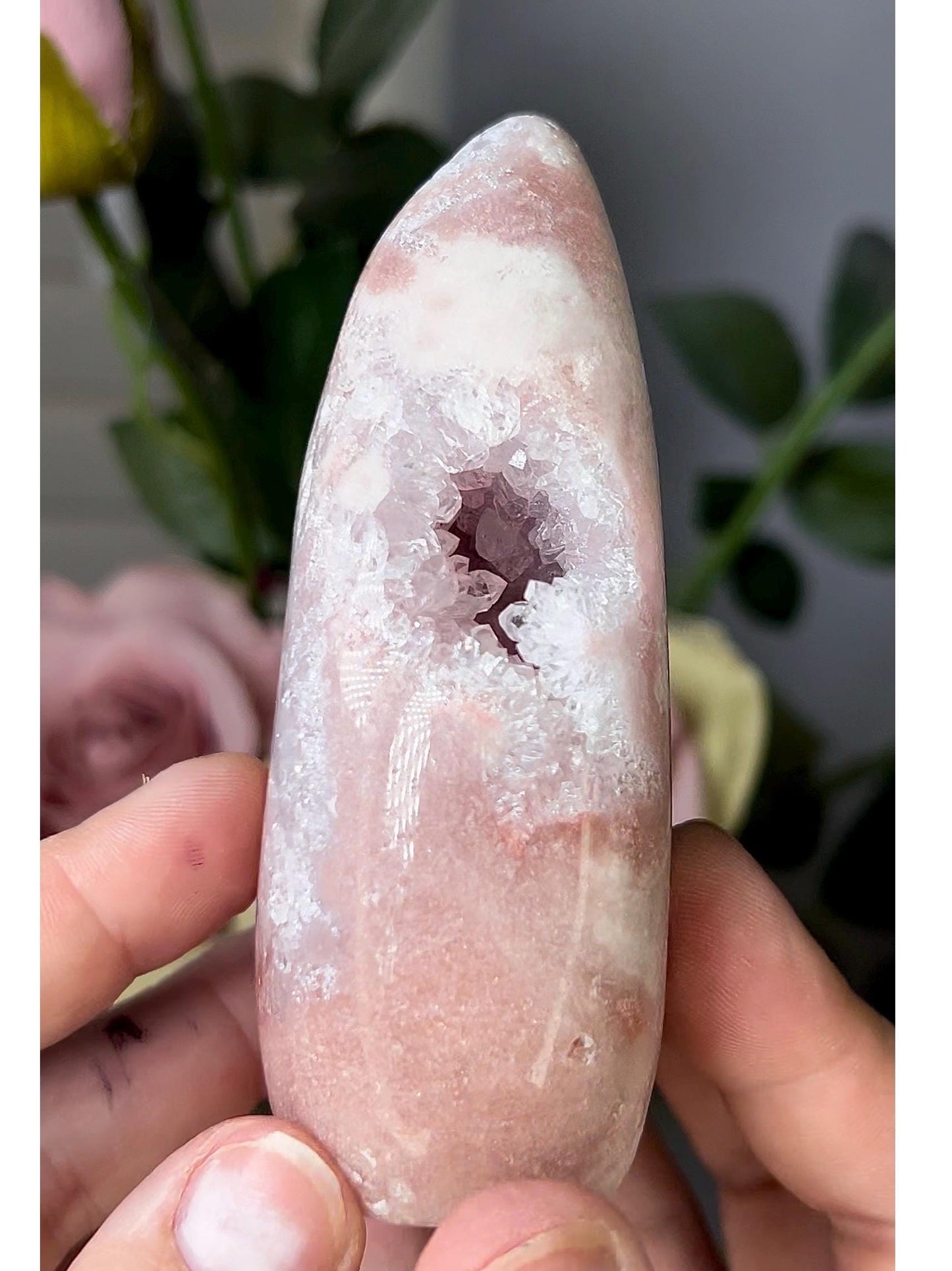 High grade, pink amethyst flame with rainbow quartz