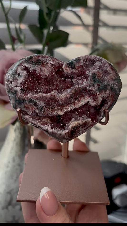 Gorgeous, high quality, pink amethyst heart with Jasper - comes with stand