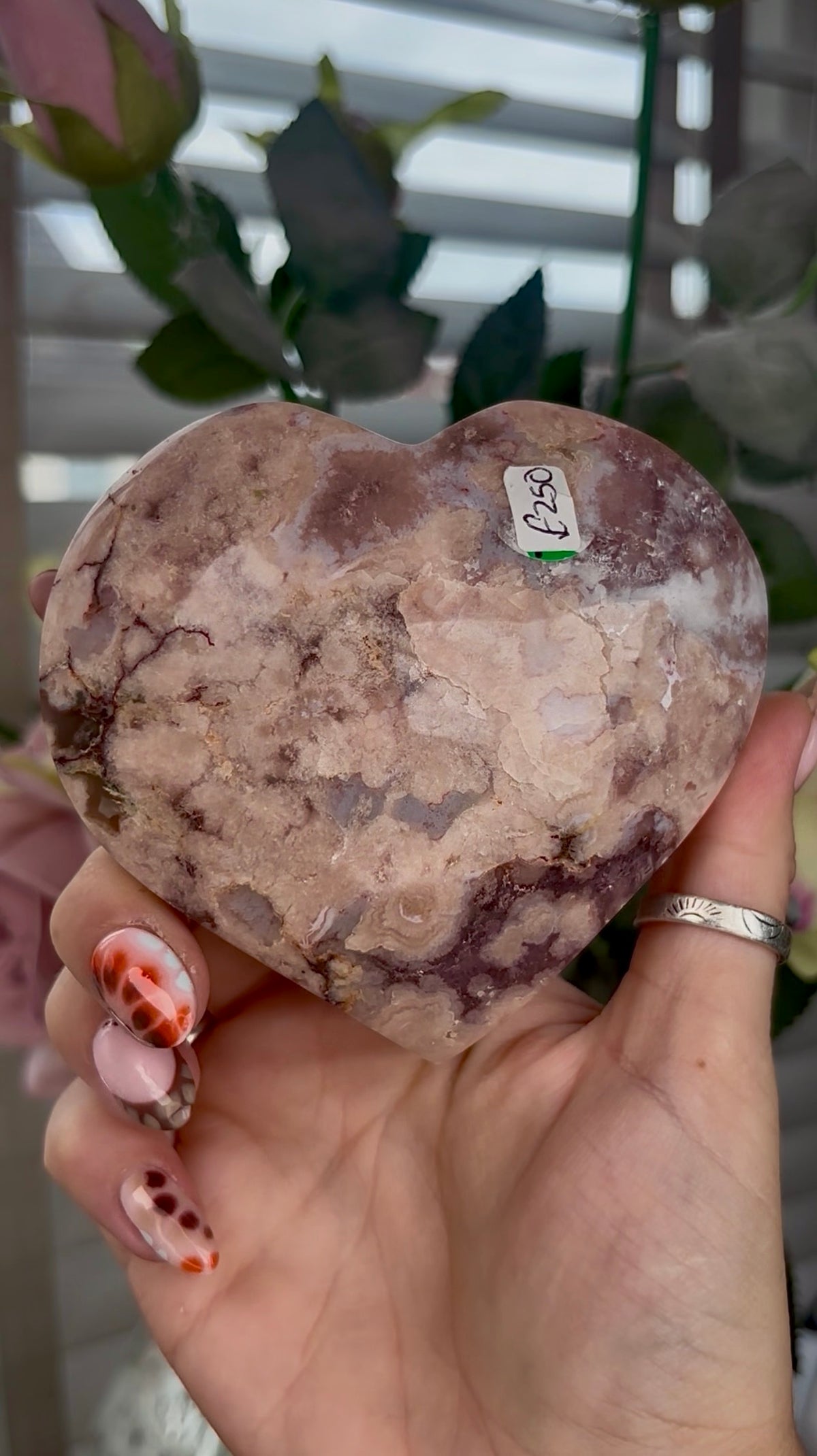 High grade, Amethyst Flower agate heart with stand