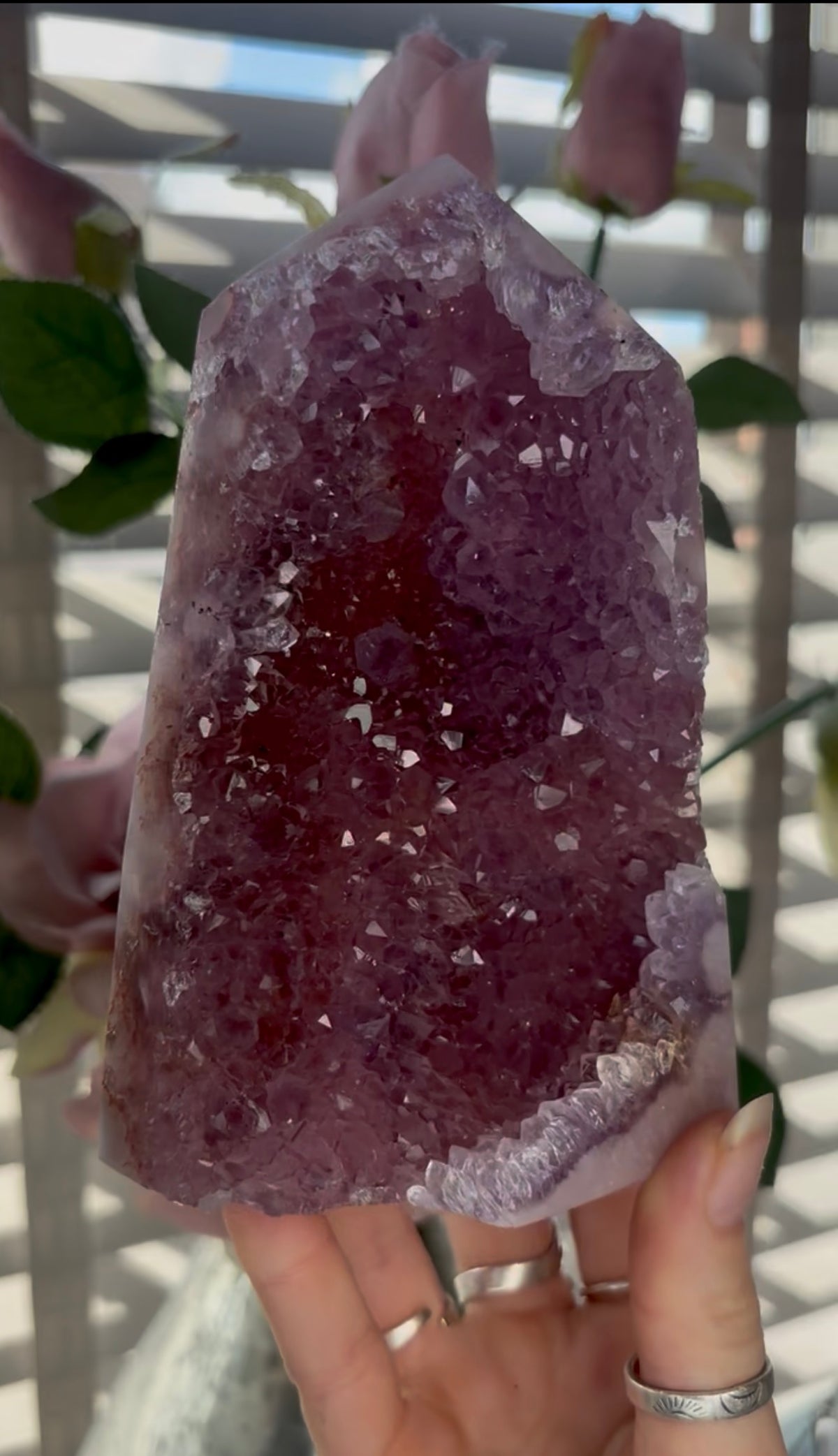 Beautiful, high quality, Pink amethyst tower in lilac tones with vibrant purple druzy