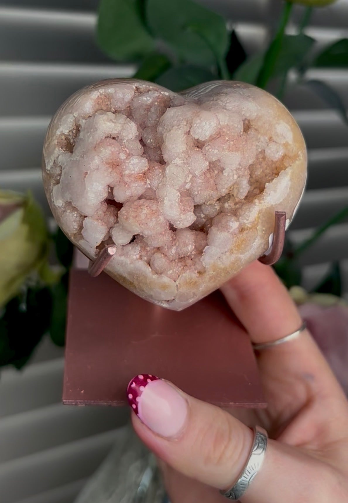 pink amethyst heart with bubble druzy - comes with stand