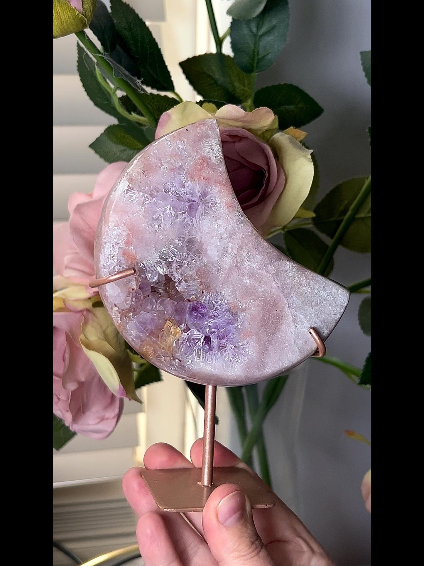 High grade, pink amethyst moon with purple quartz druze 500g