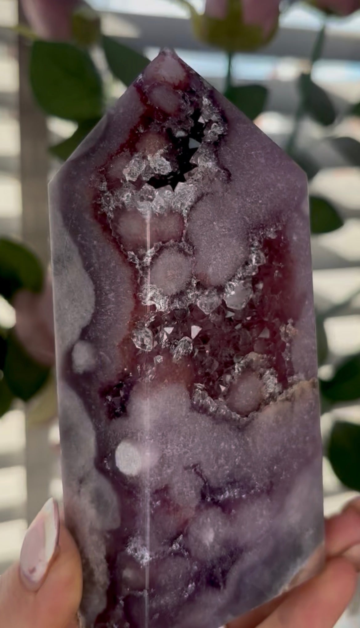 Beautiful, high quality, Pink amethyst tower in lilac tones with vibrant purple druzy