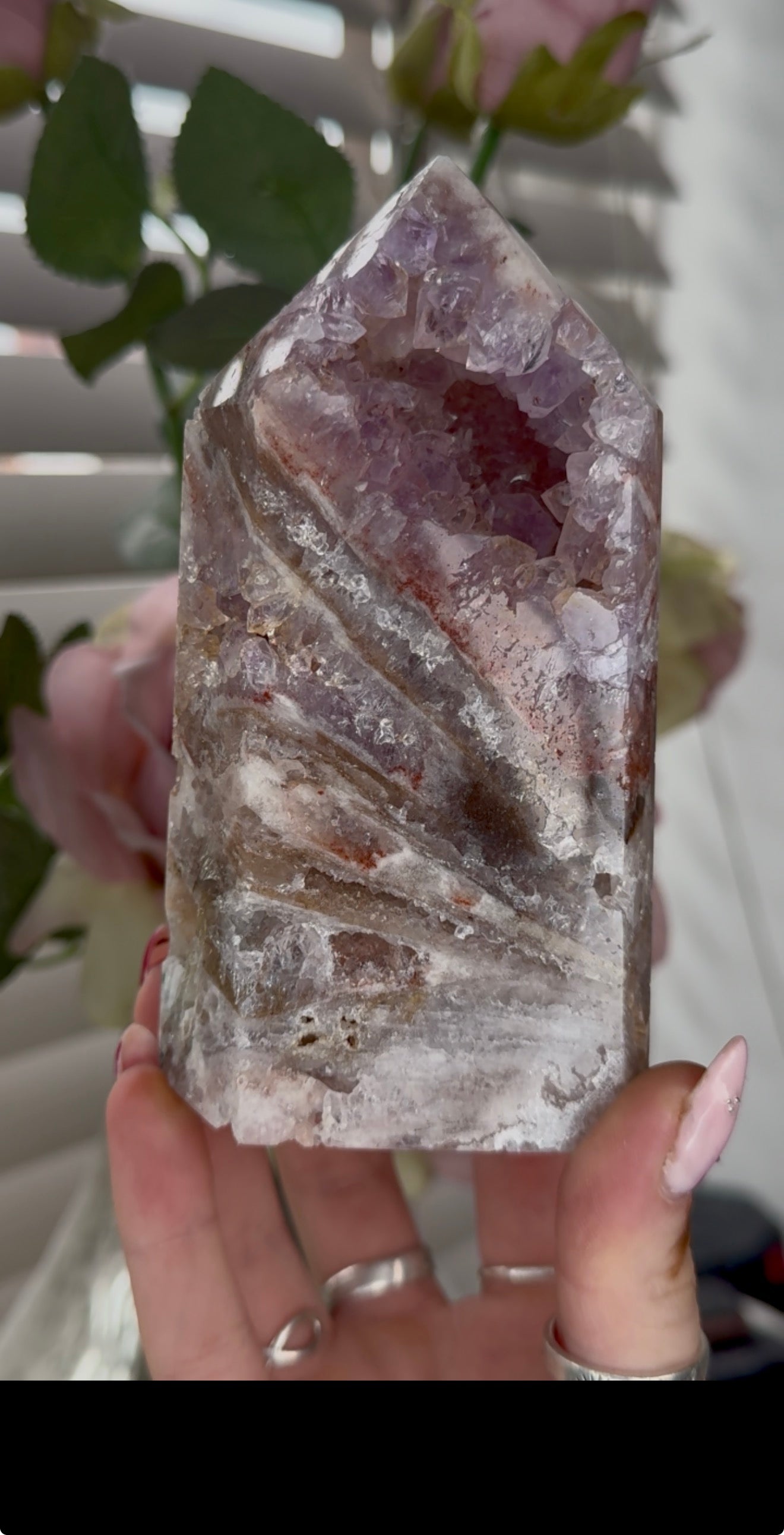 High quality Pink amethyst tower with agate, jasper & rutile 13cm(h) 7cm(w)