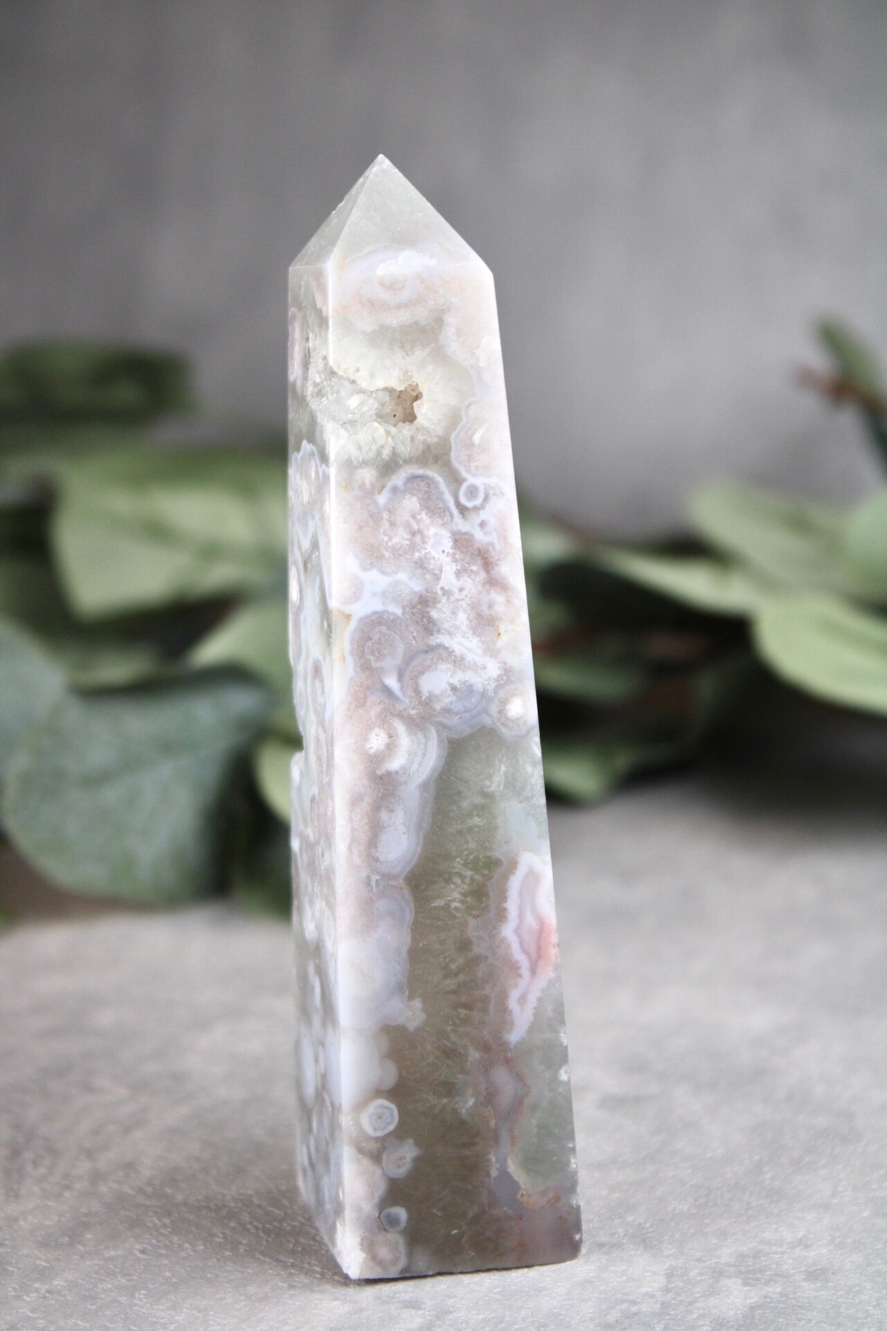 Stunning!! Super high quality, Druzy, green chlorite x blue flower agate, 4 sided, tower