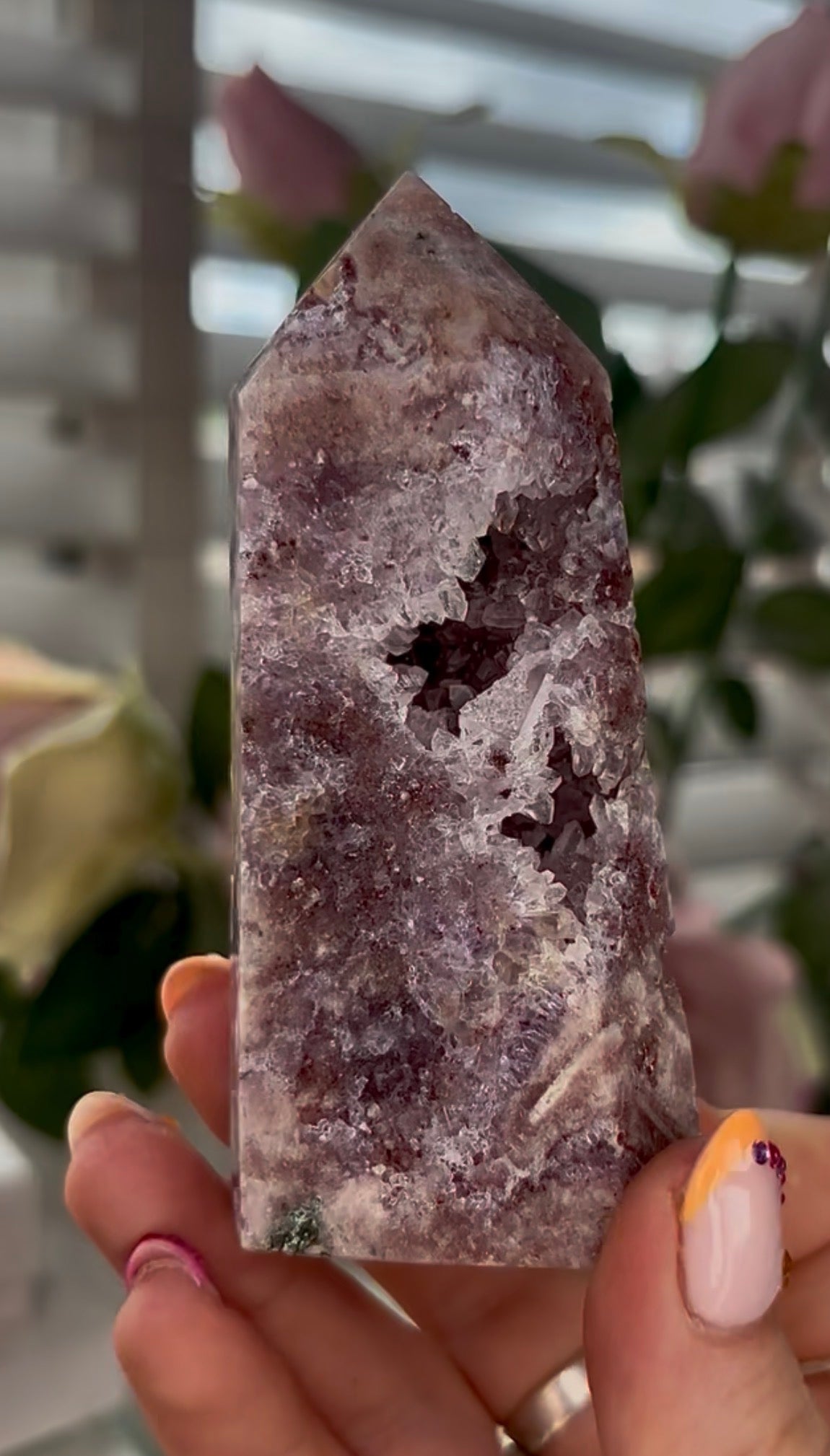 Pretty, Pink amethyst tower with Druzy & green Jasper