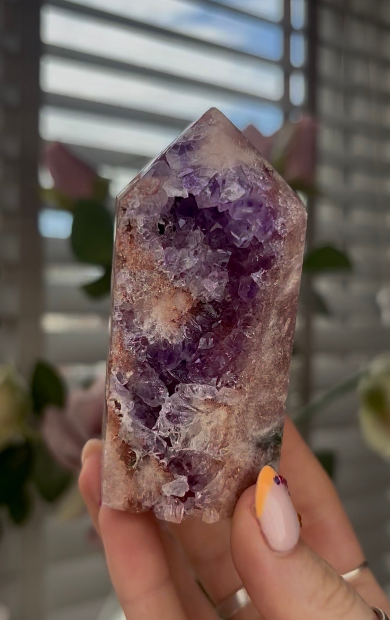 Beautiful, high quality, Pink amethyst tower with purple quartz