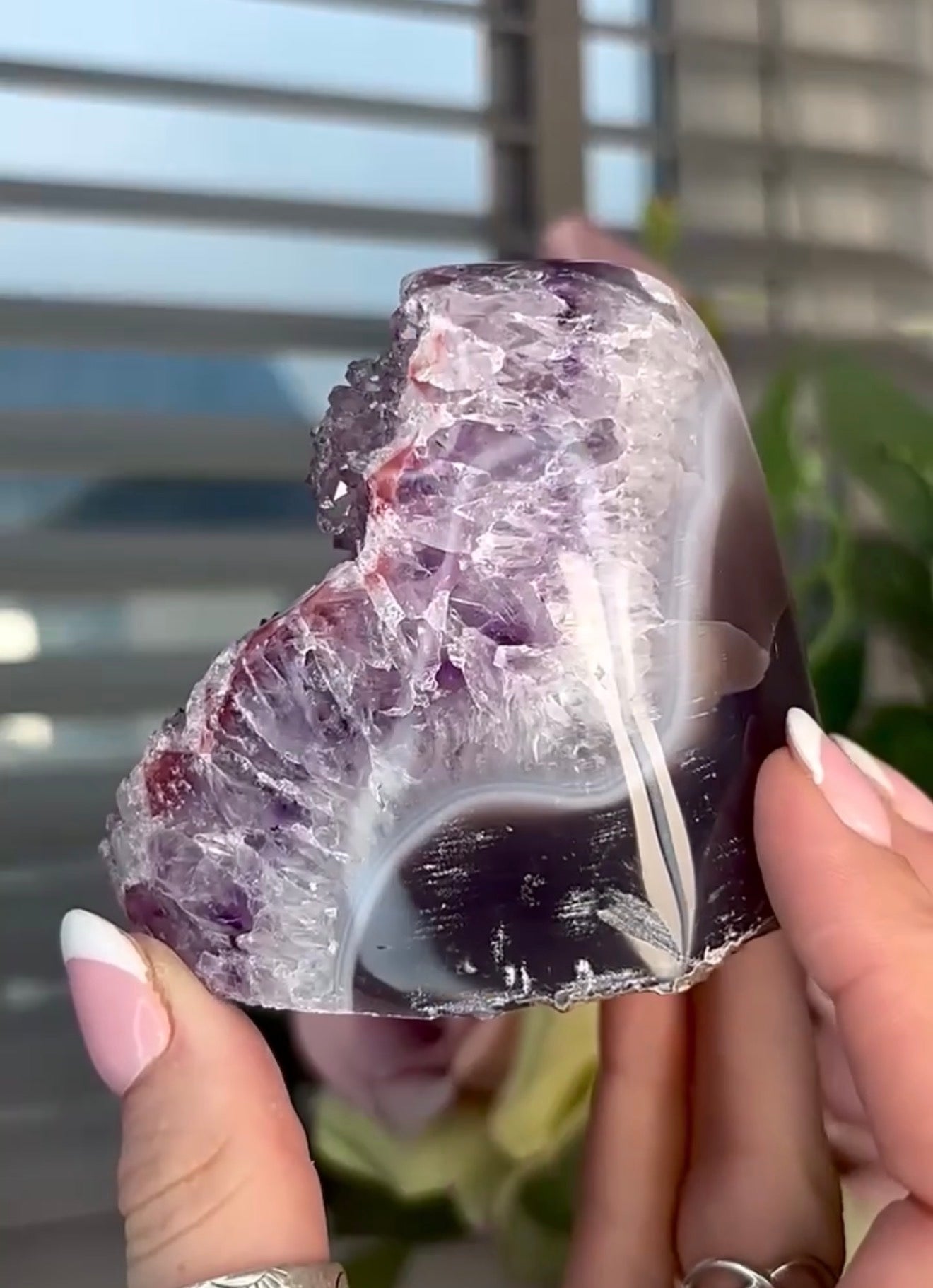 Light Pink rainbow amethyst on a purple & blue agate base