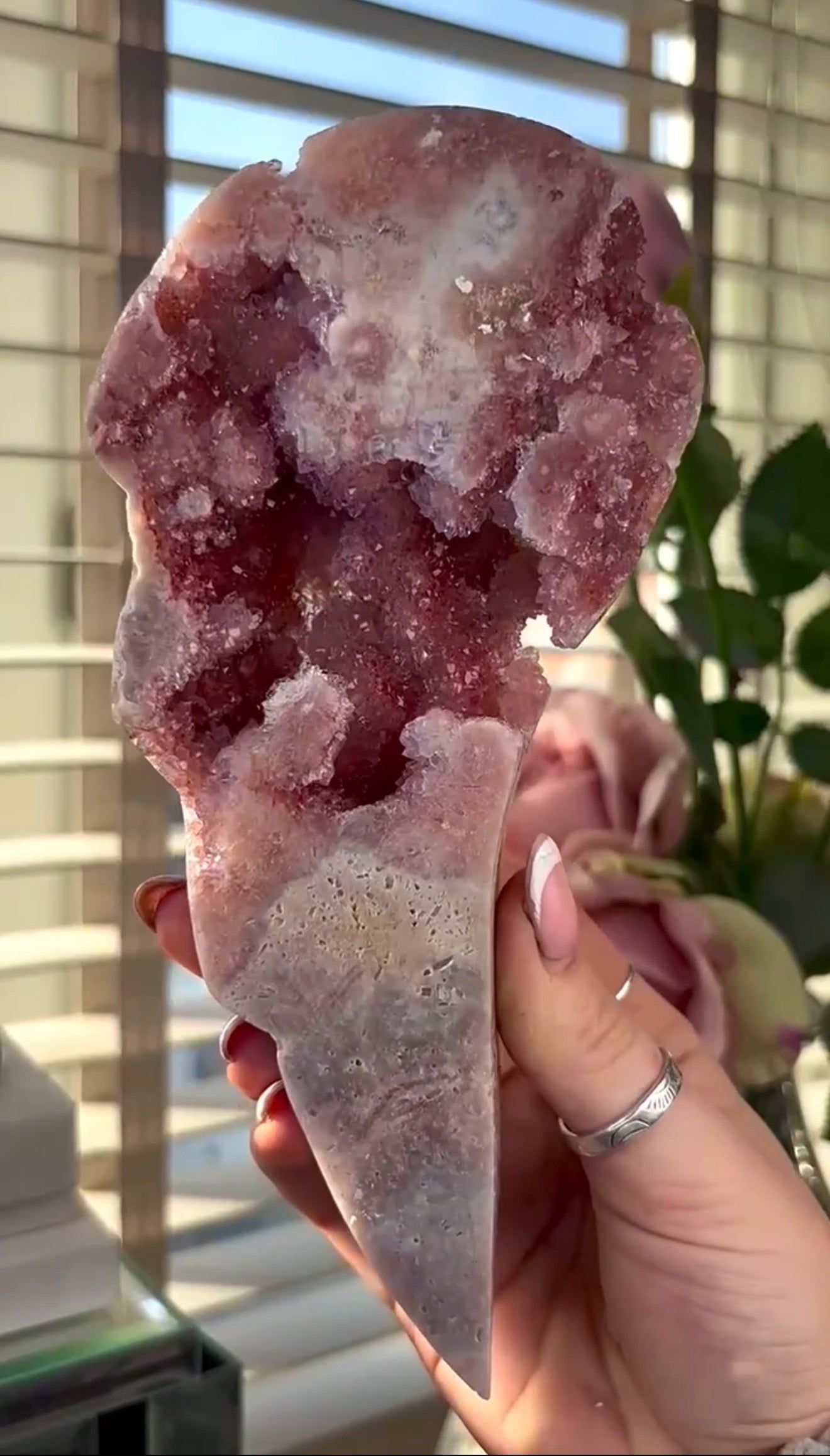 High quality, pink amethyst wings in reddish/deep pink tone - comes with stand