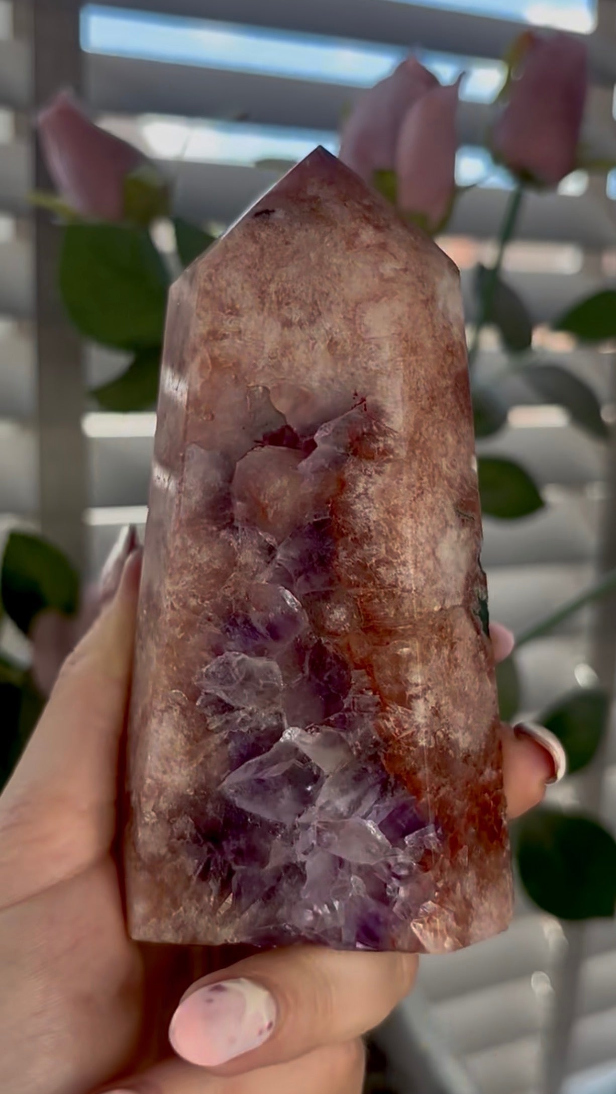 Beautiful, high quality, Pink amethyst tower with purple quartz