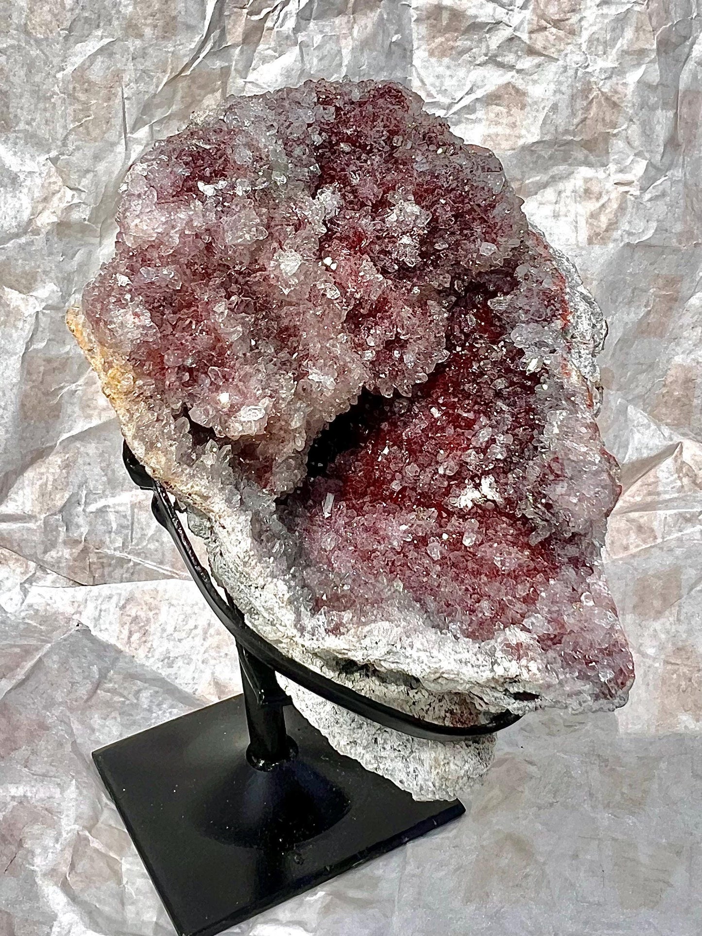 high grade, pink amethyst geode with red and pink toned sugar druzy stand