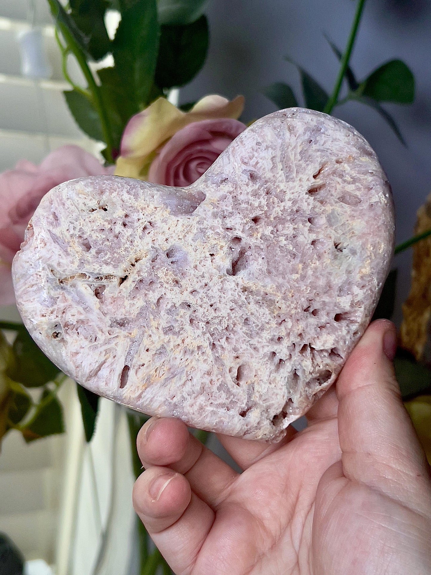 Pink amethyst heart with sugar druzy rutile