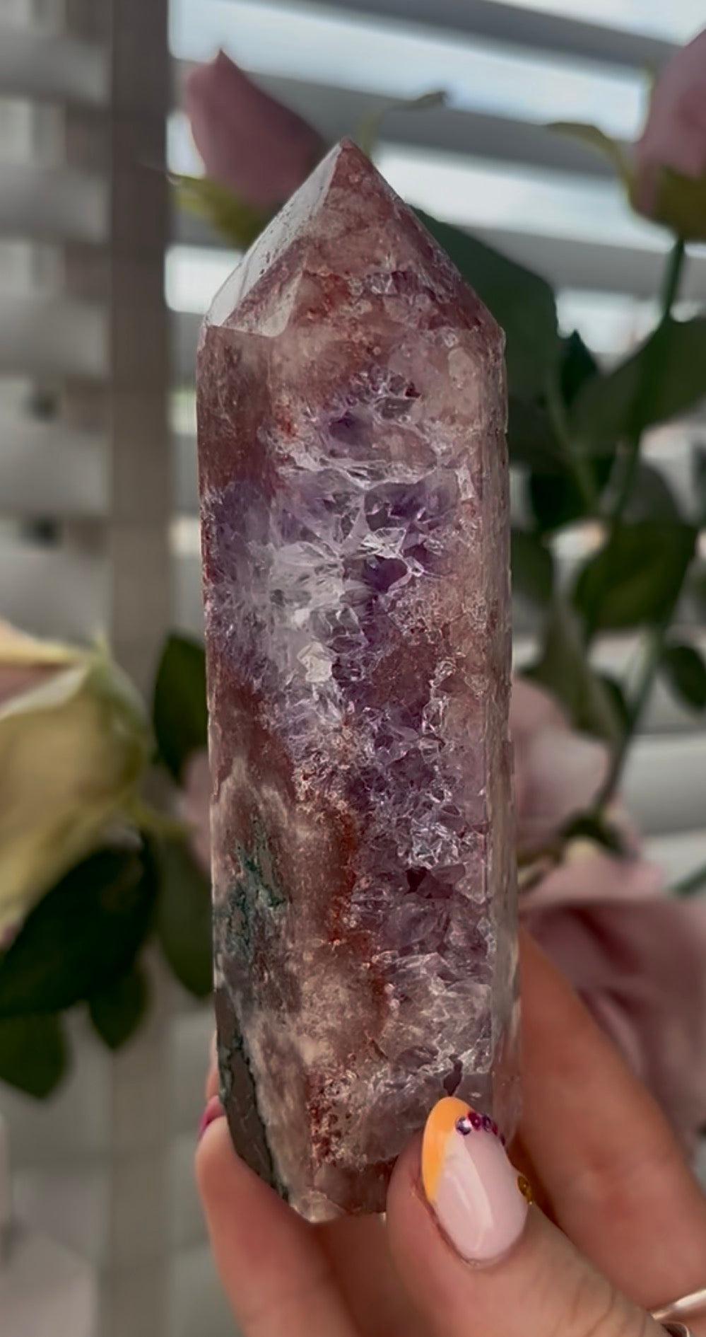 Pretty, Pink amethyst tower with quartz & Green jasper