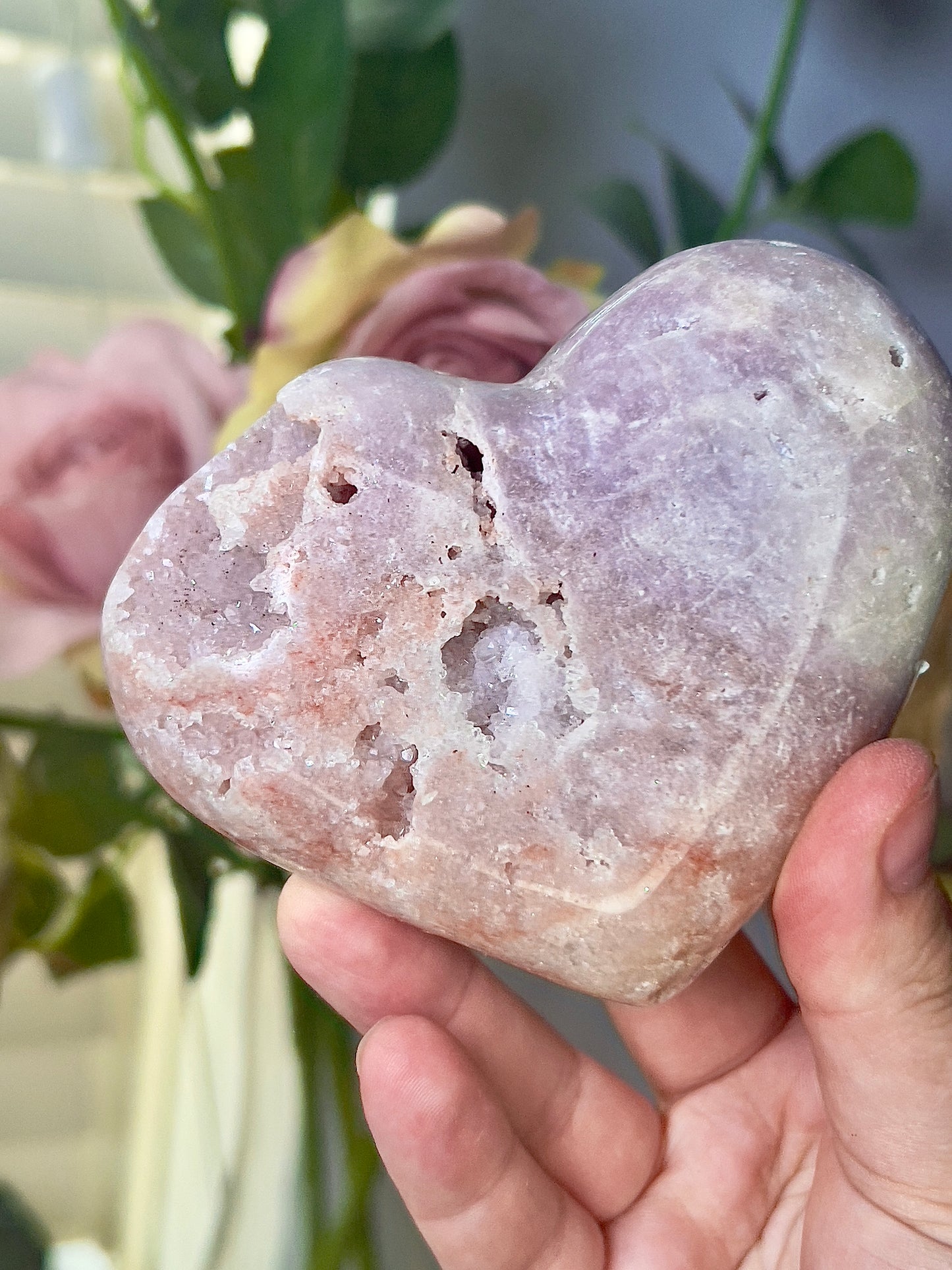 Chunky, druzy, pink amethyst heart - comes with stand