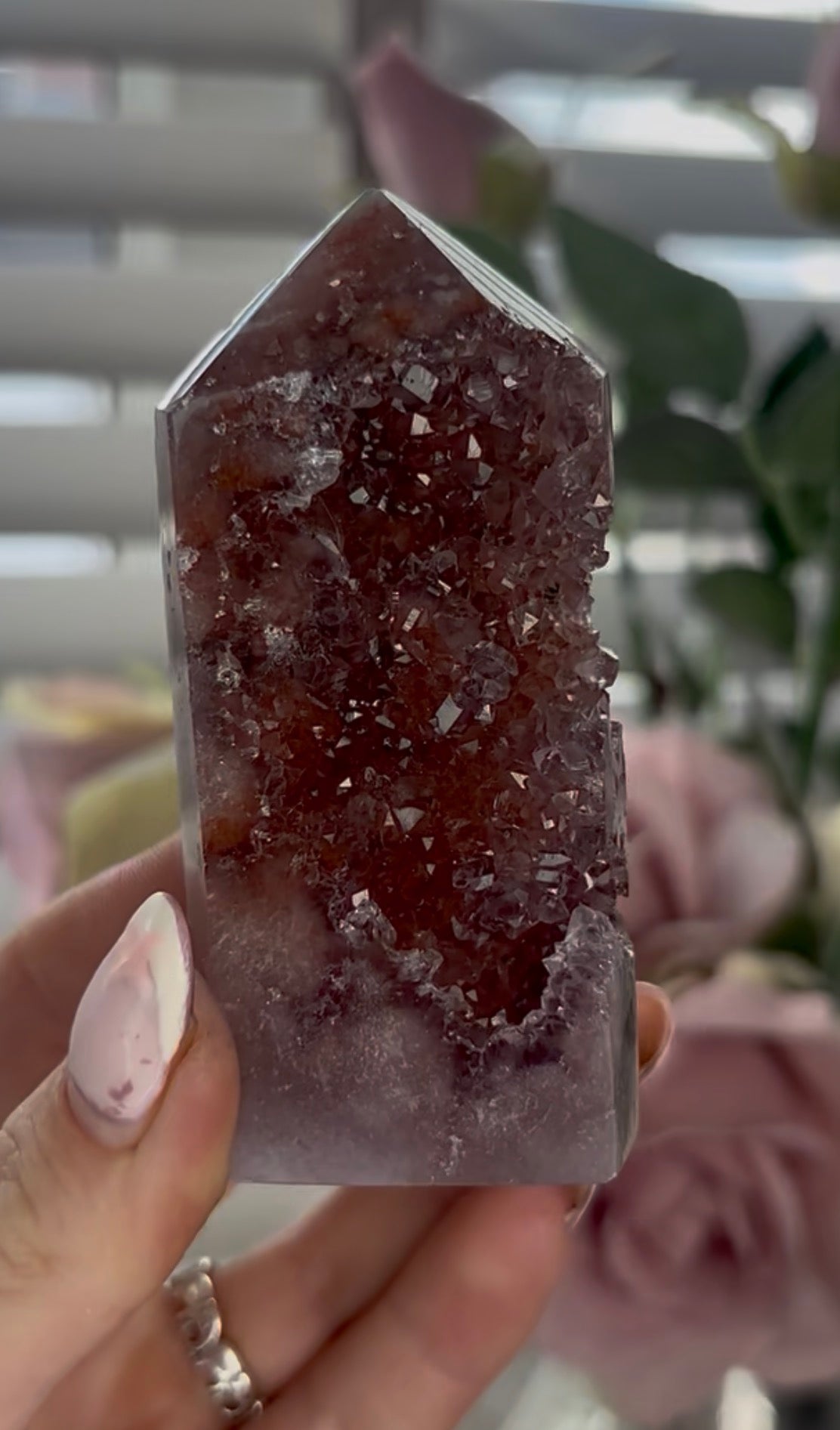 Beautiful, high quality, Pink amethyst tower in berry tones with sugar druzy