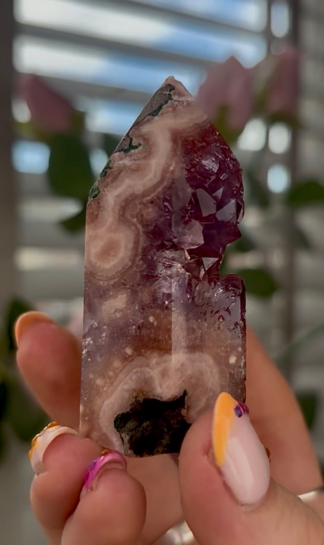 Beautiful, high quality, Pink amethyst tower with purple druzy & green jasper 6.8cm by 4cm